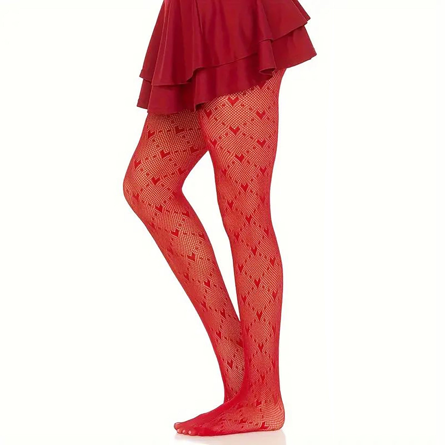 Womens Red Heart Pattern Tights In Fishnet