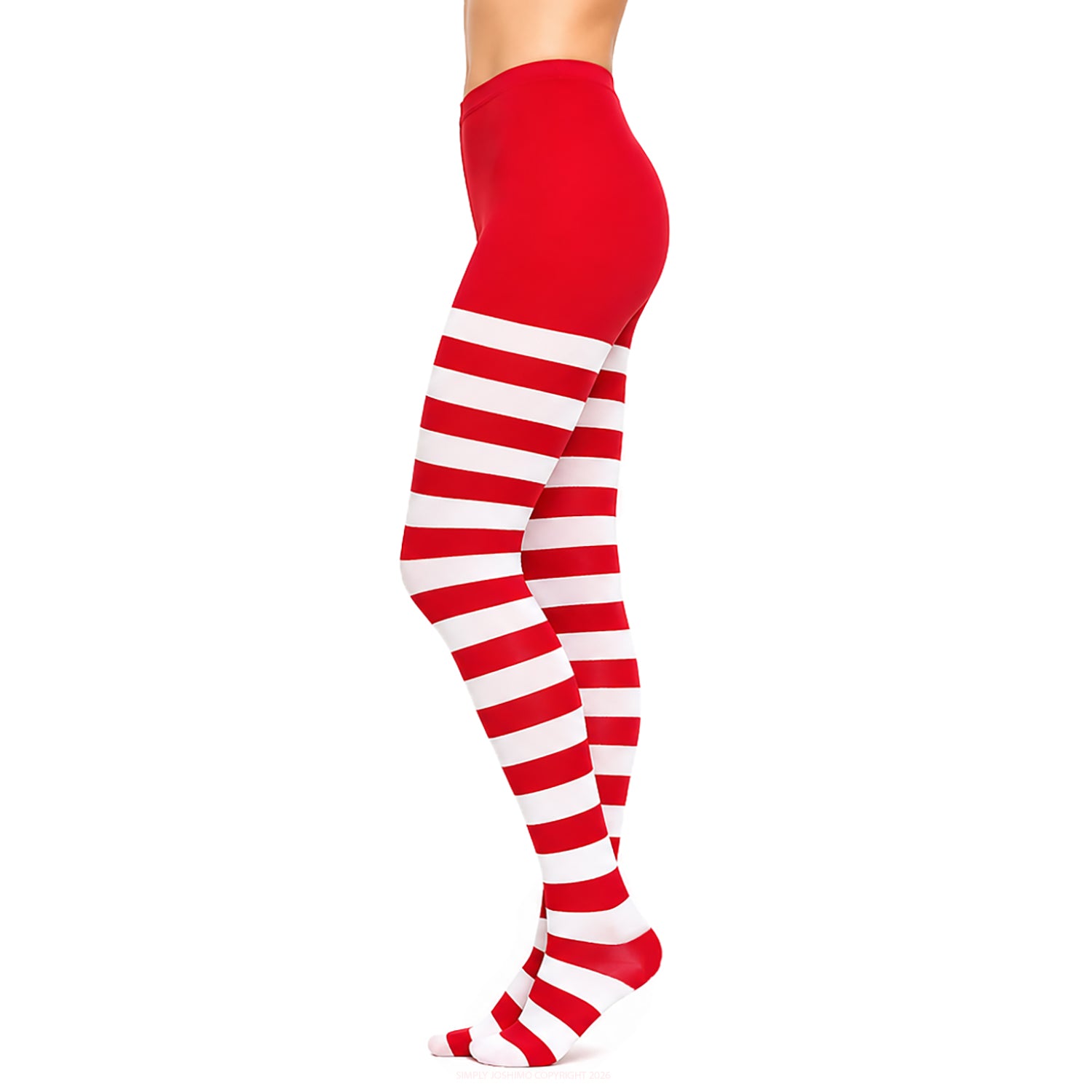 Festive striped tights styled for holiday party wear