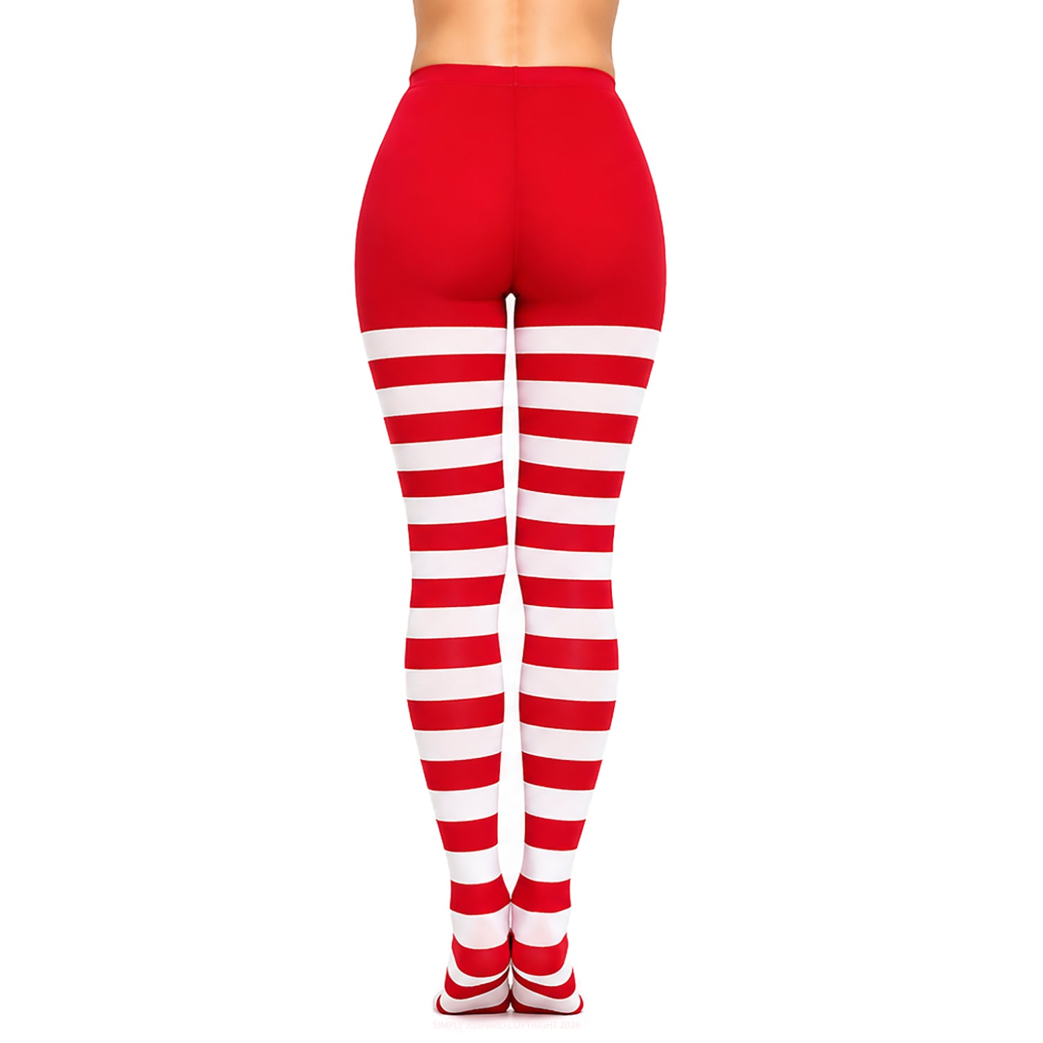 Woman wearing red and white striped opaque tights