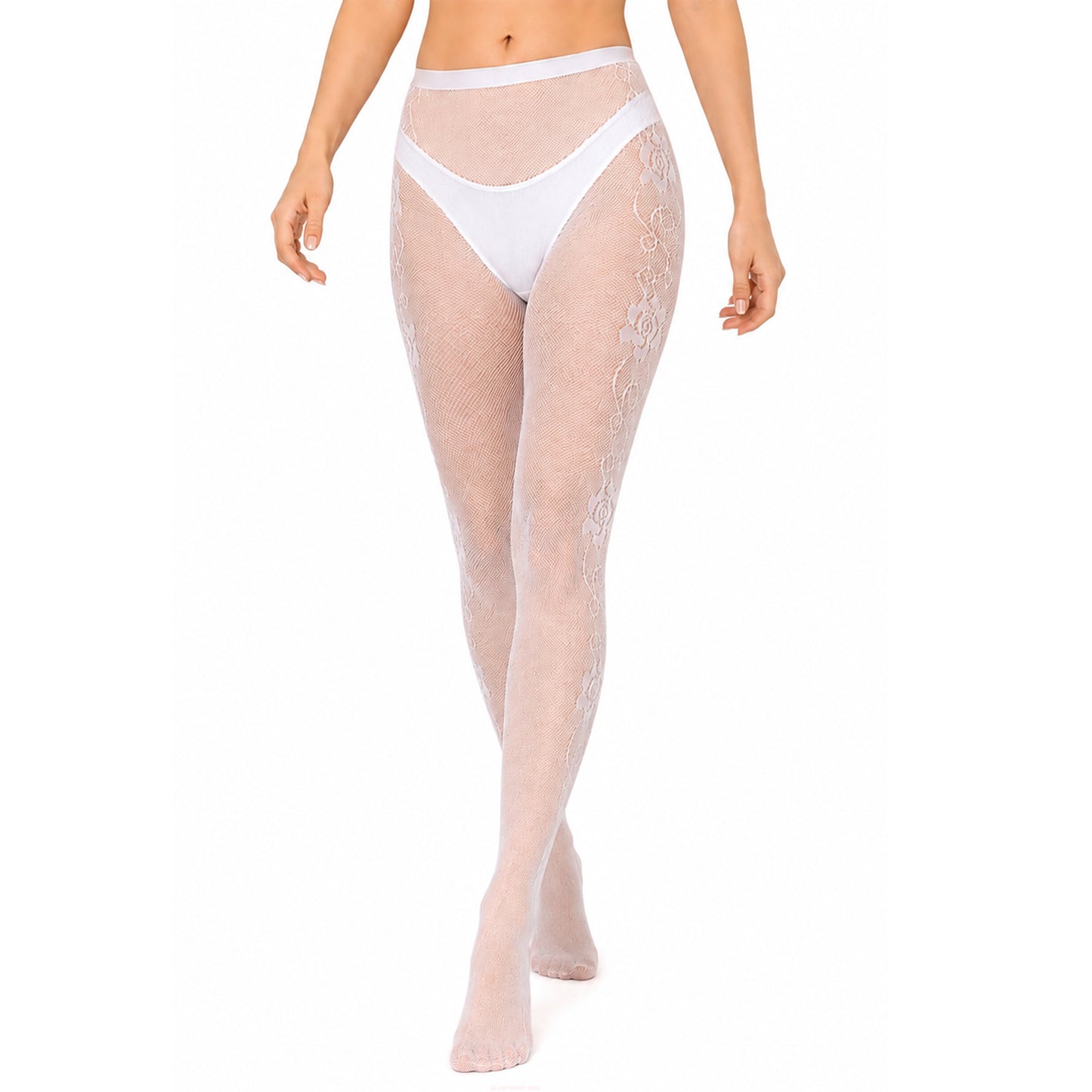 Floral side fishnet tights in black and white for stylish everyday or evening wear.