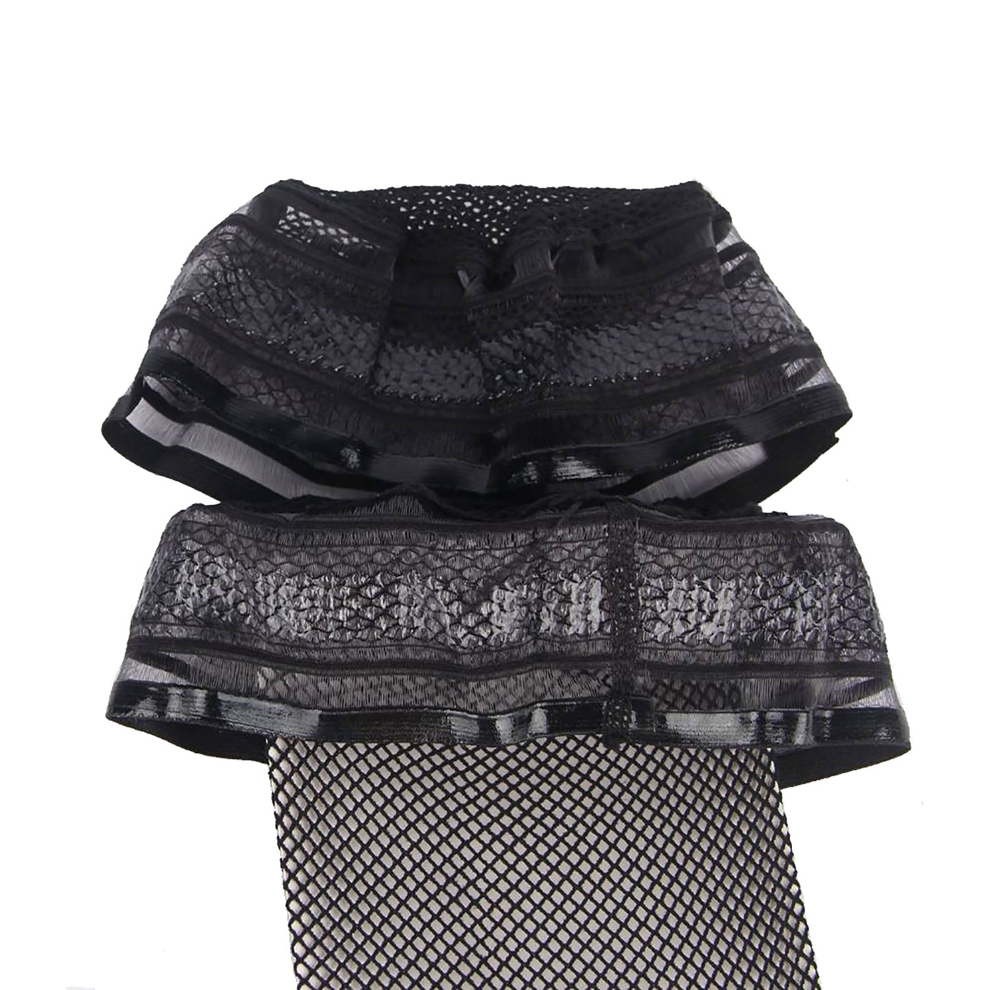 Small hole fishnet holdups in black with a silicone striped top
