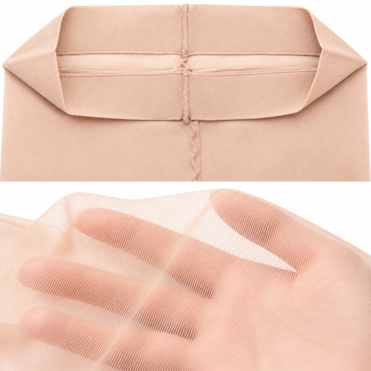 A close-up of a light beige sheer fabric to demonstrate its delicate quality.