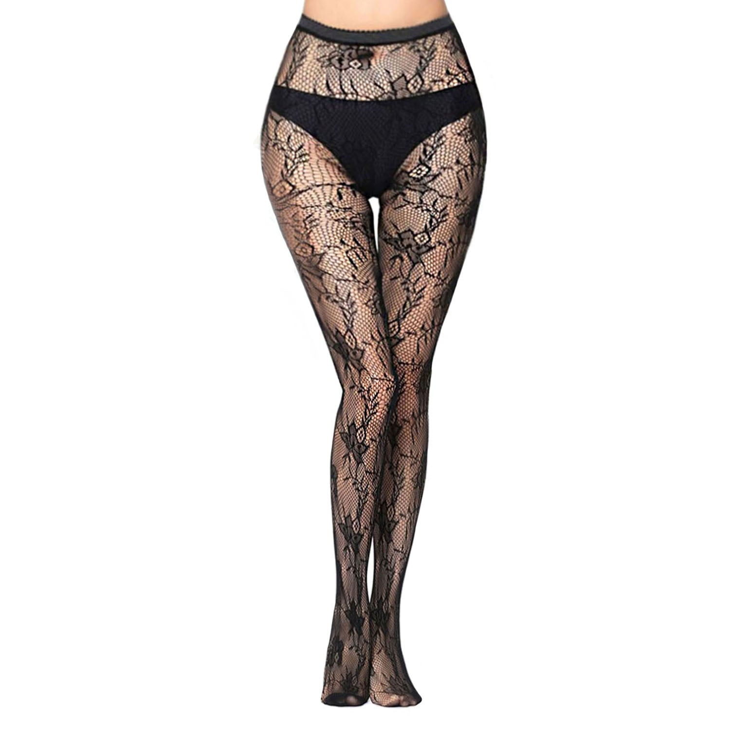 Women's black fashion tights with an orchid print