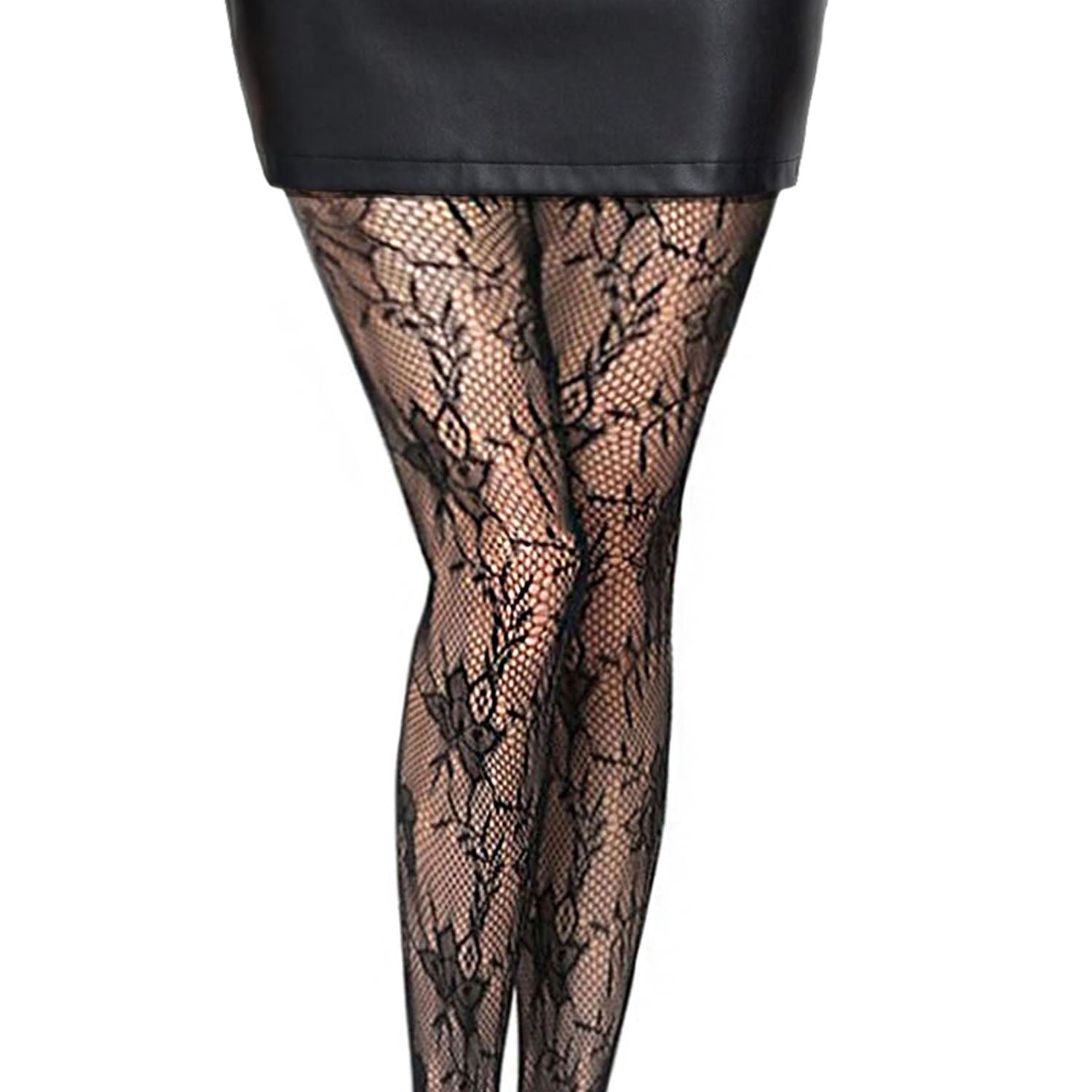 Black floral fishnet tights with mini skirt outfit