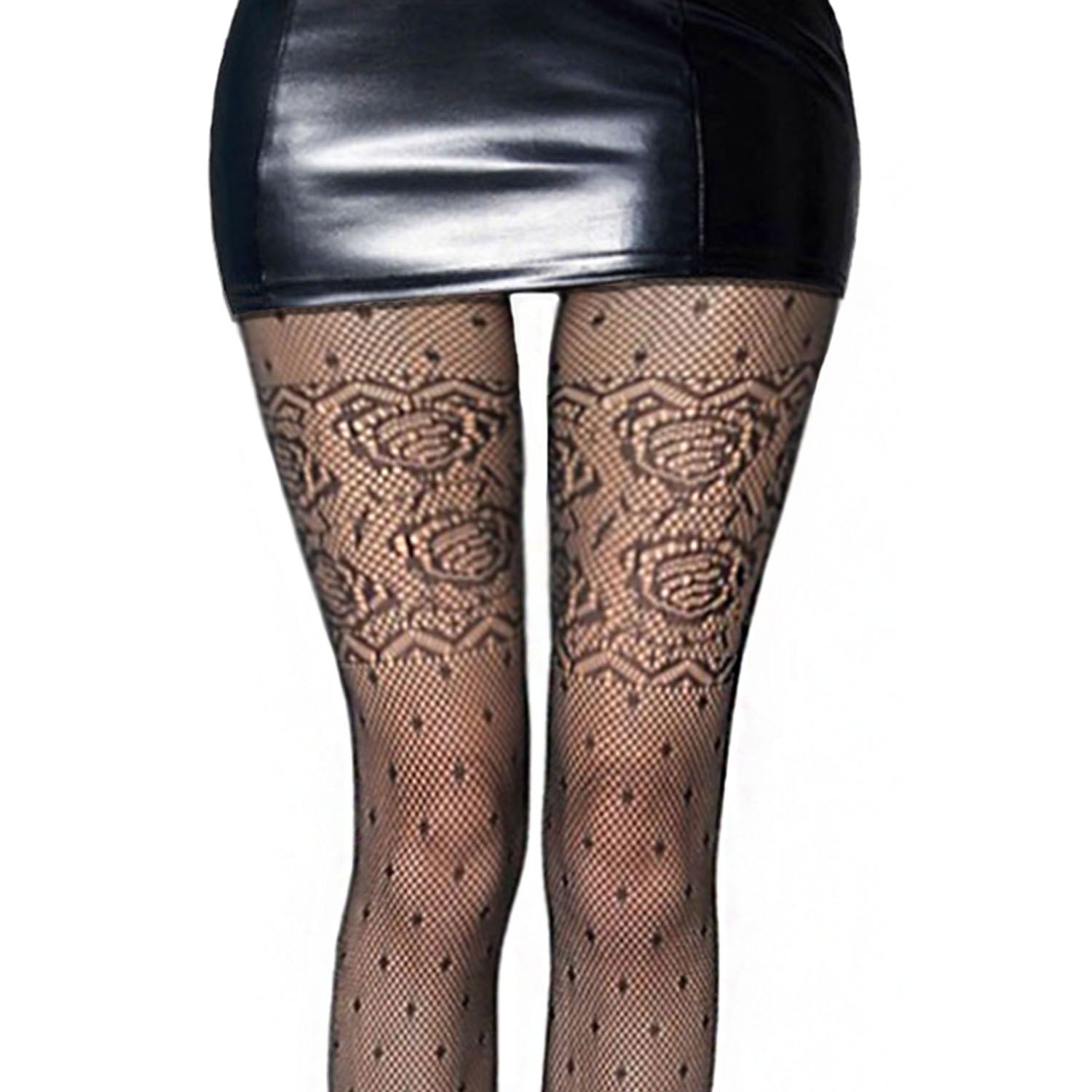 Black mini skirt and patterned tights outfit