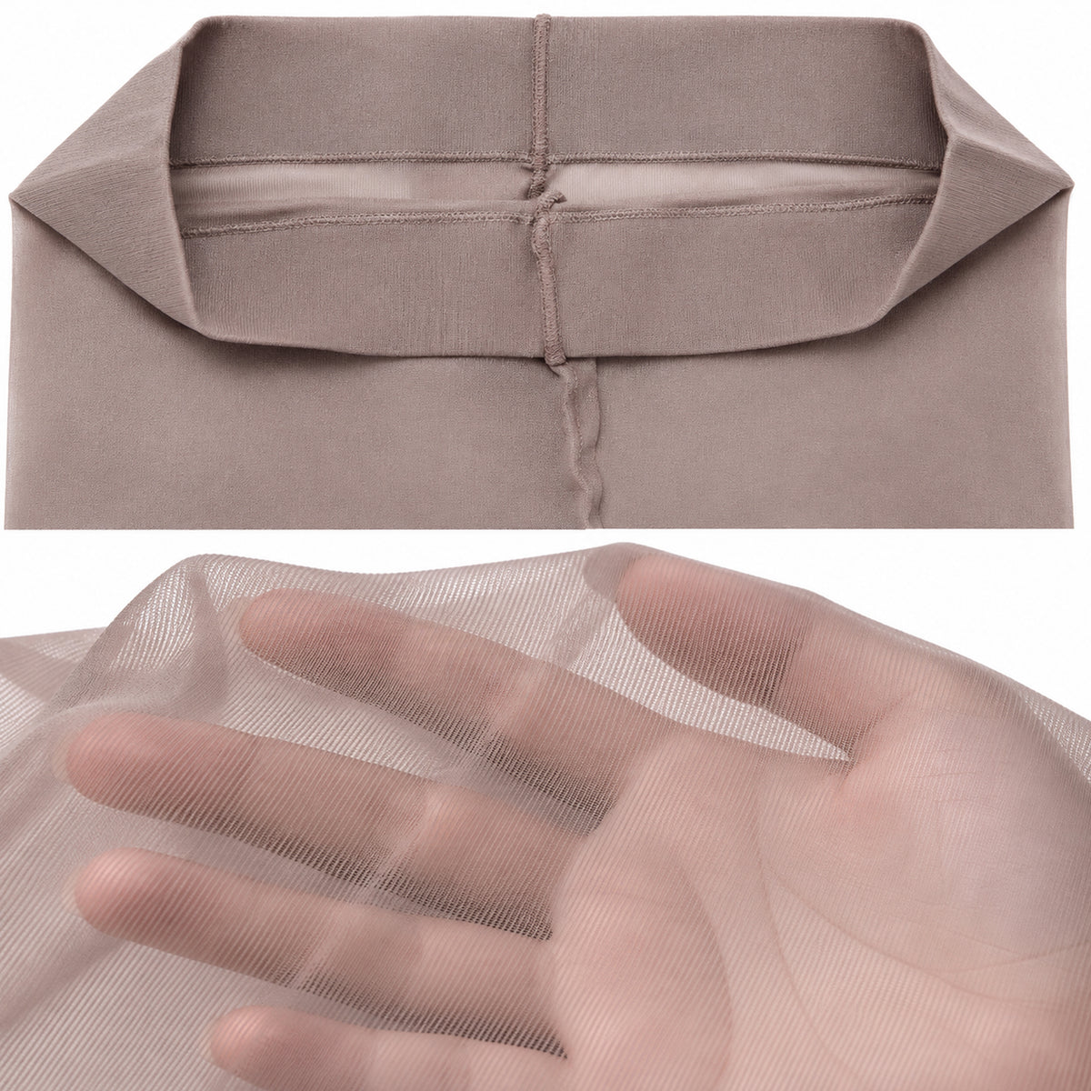 A close-up of a taupe sheer fabric, showing its lightweight, semi-transparent quality.