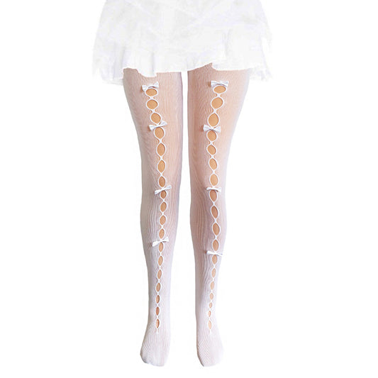 Womens Cut Out Bow White Fishnet Tights - Simply Joshimo