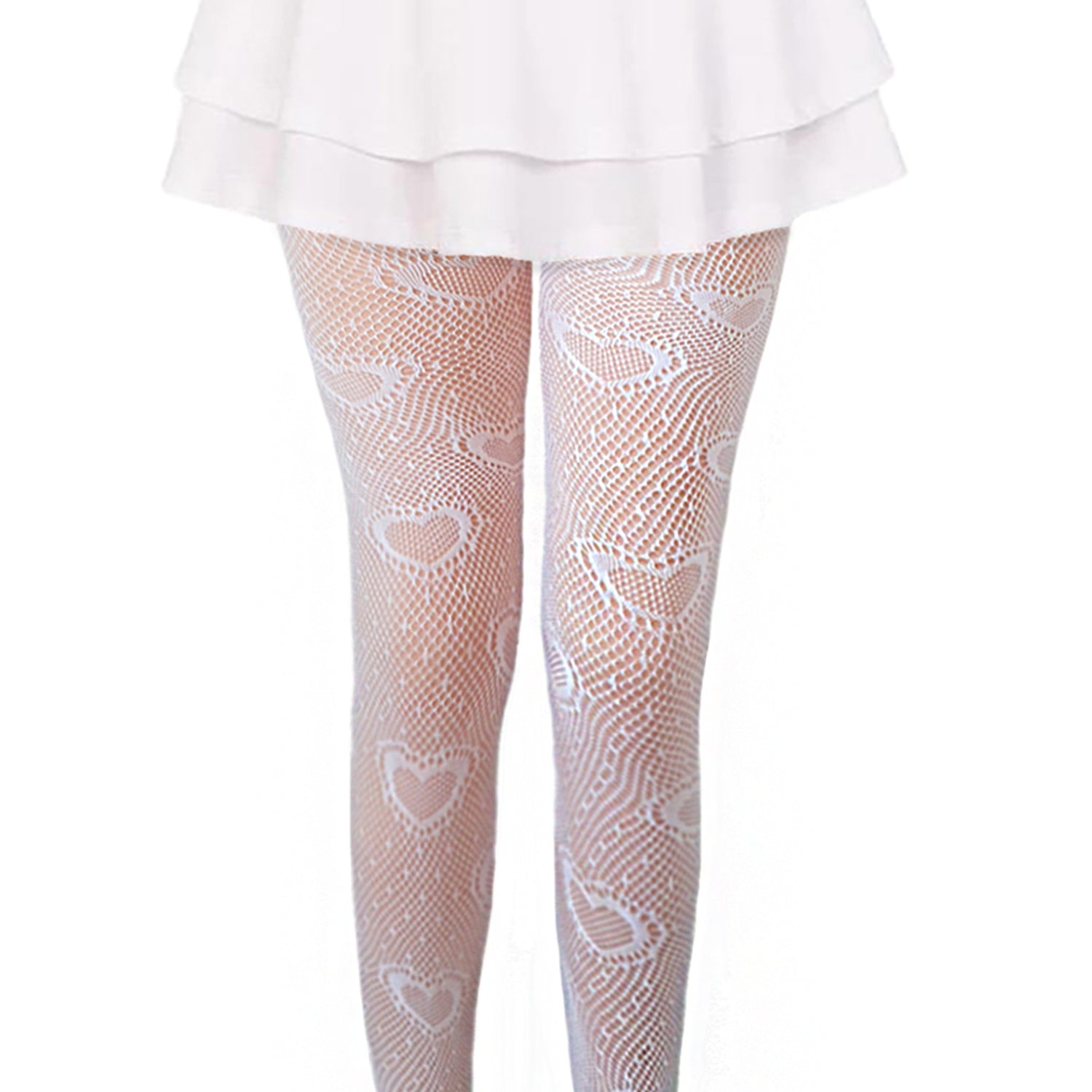 Classic white outfit with mini skirt and fishnet heart tights