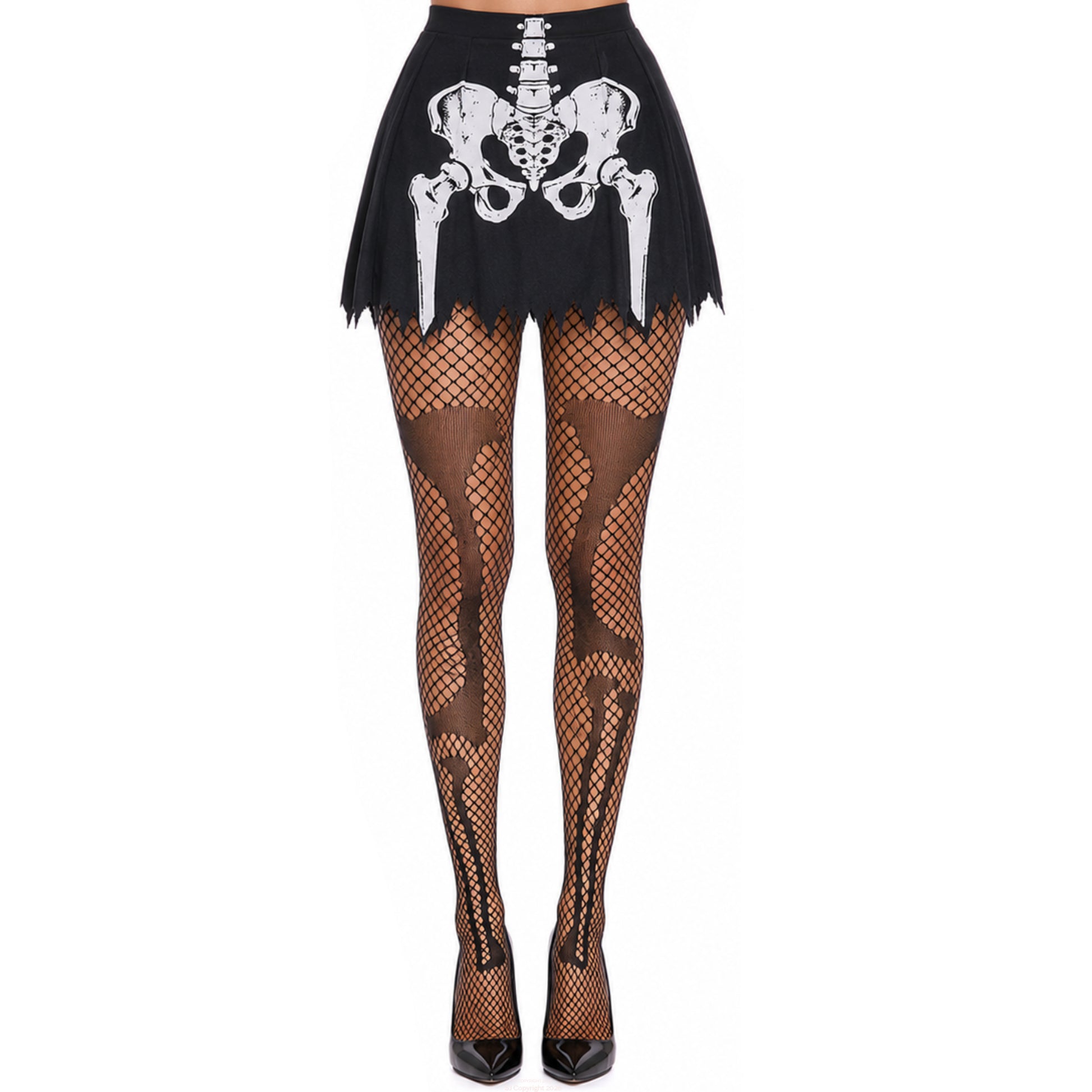 Black skeleton bone fishnet tights with full-leg anatomical pattern.