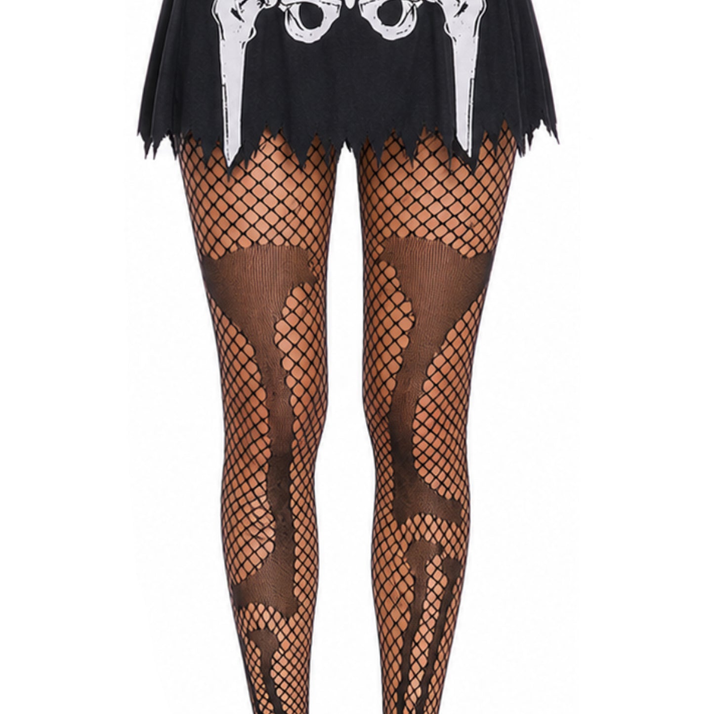 Skeleton pattern fishnet tights for alternative fashion and cosplay.
