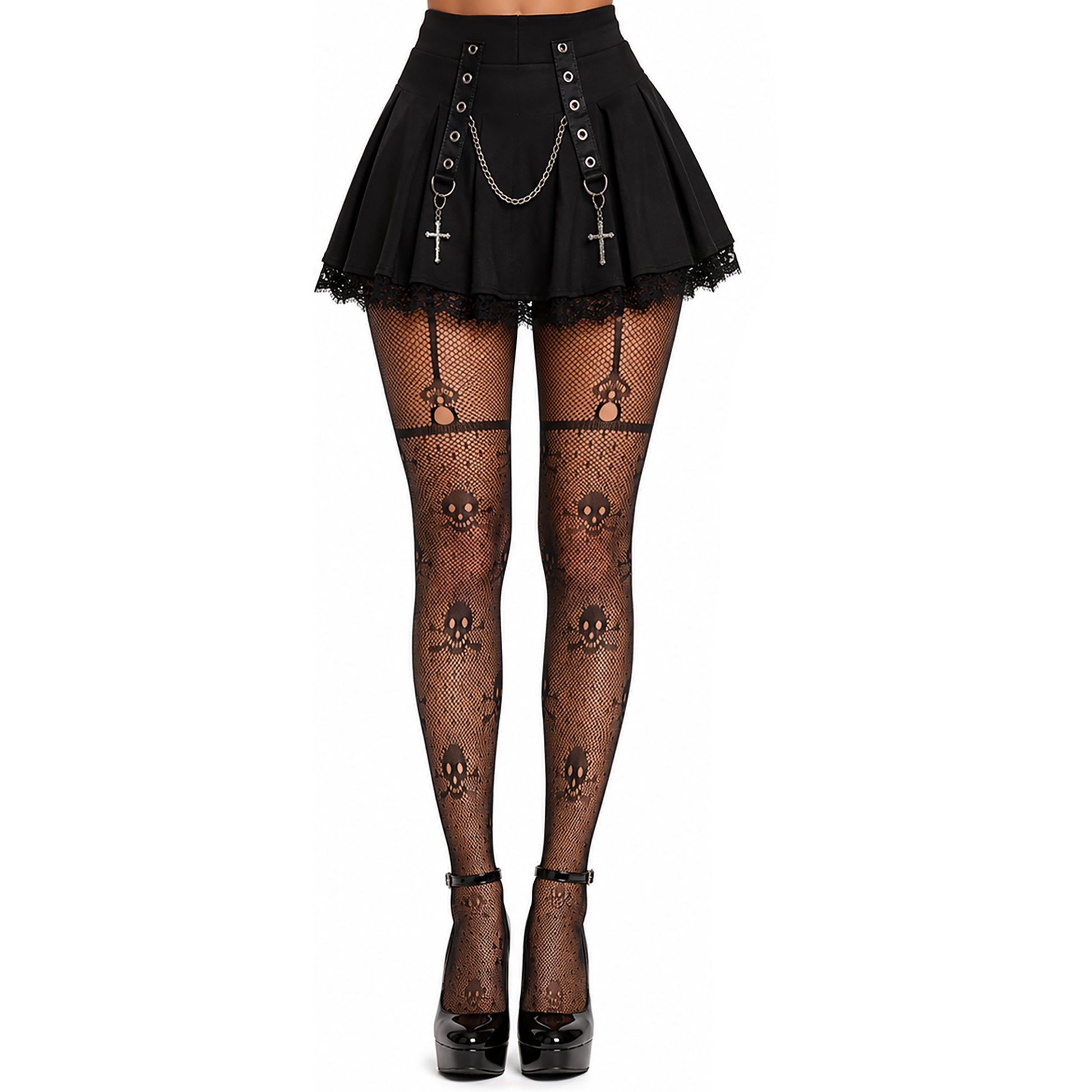 Women's black skull fishnet tights with mock suspender design