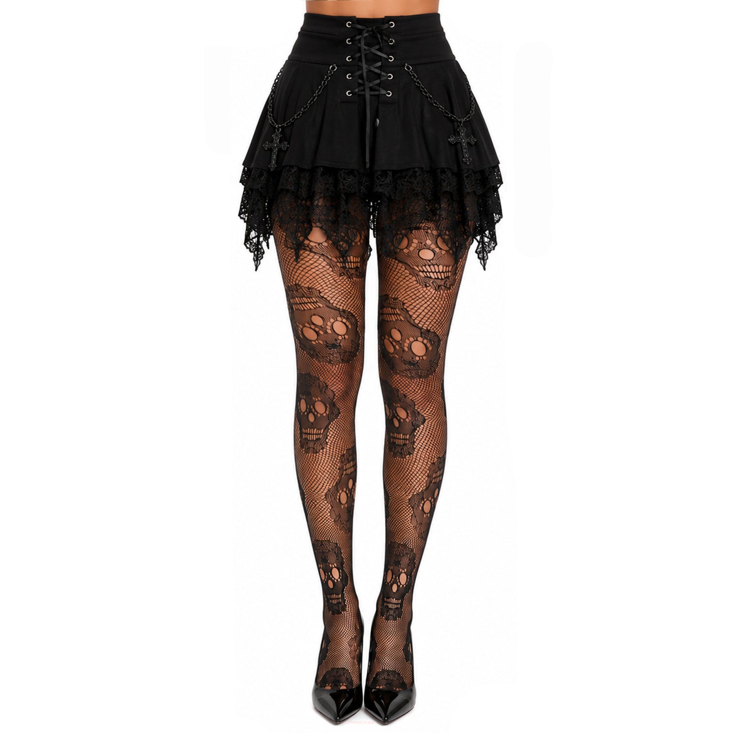 Large Skull Pattern Fishnet Hosiery For Halloween