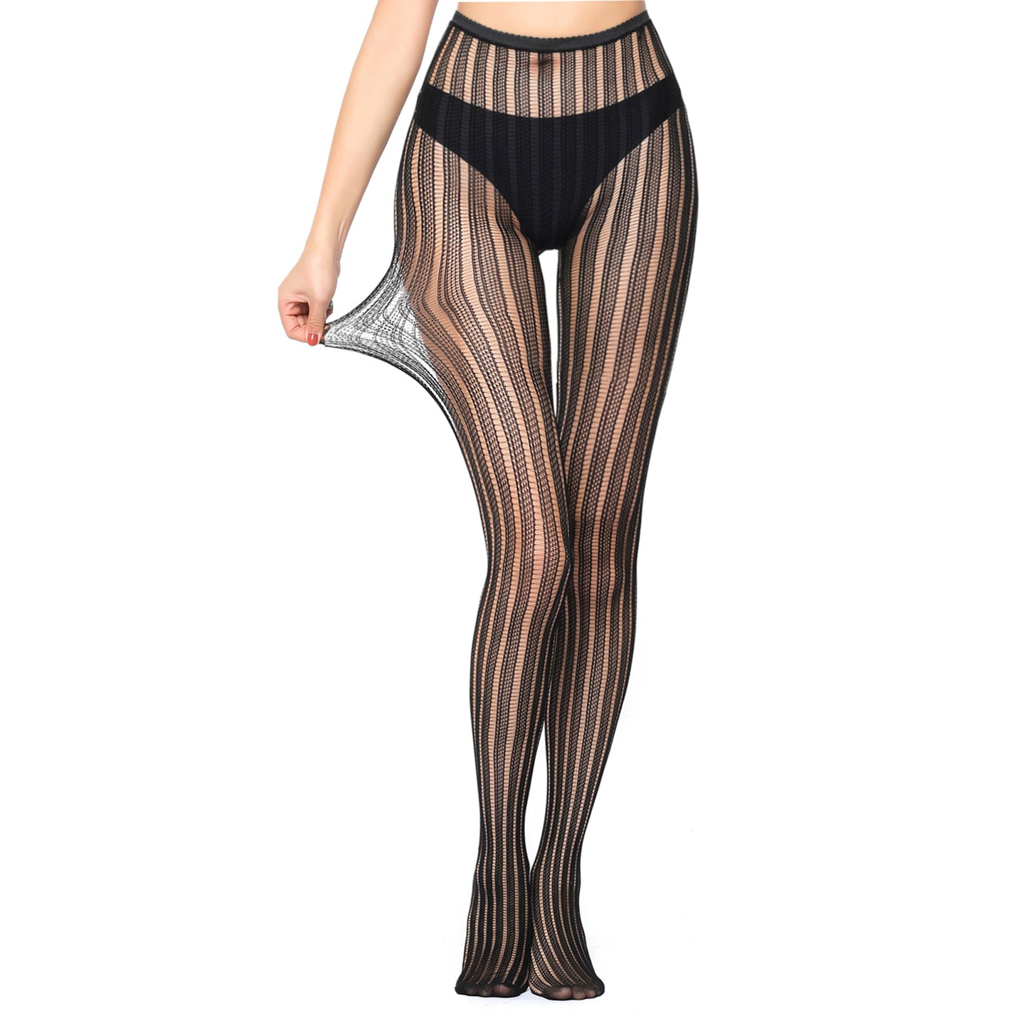 Stretchy Black Striped Patterned Tights High Waist