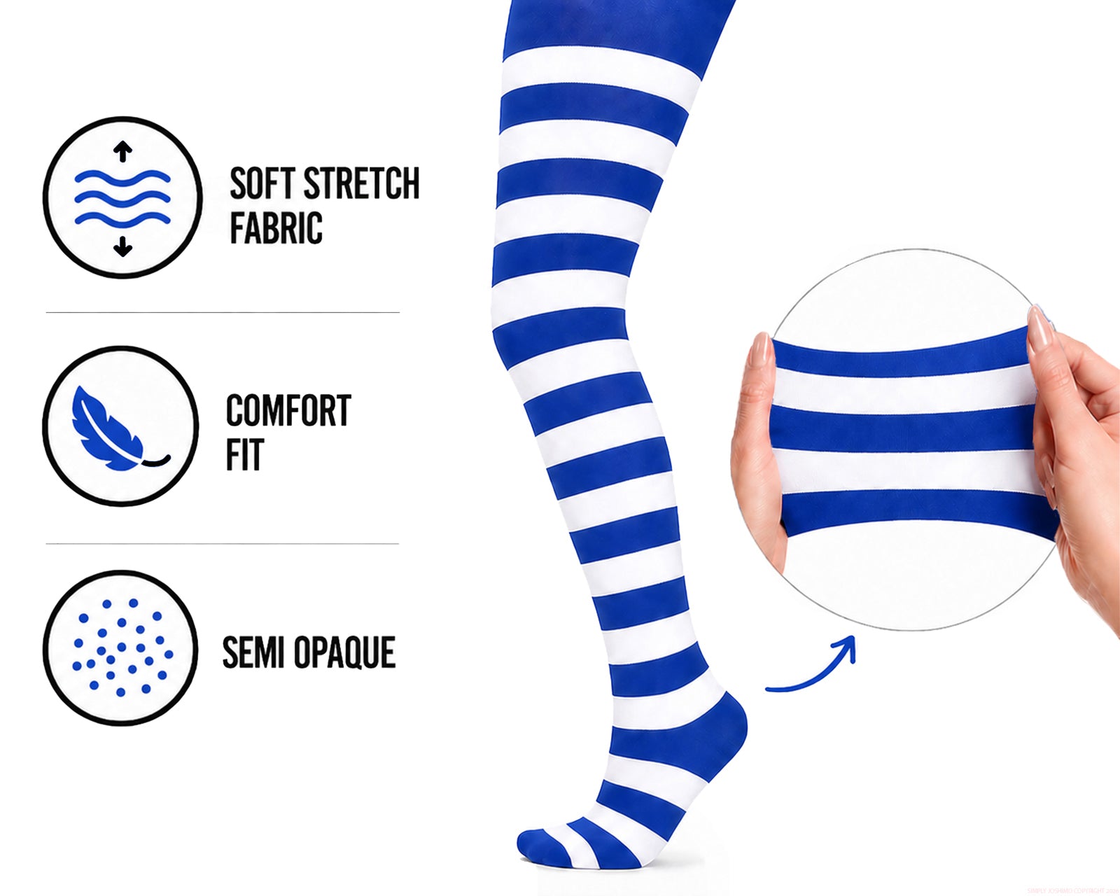 Blue and white striped tights with added stretch