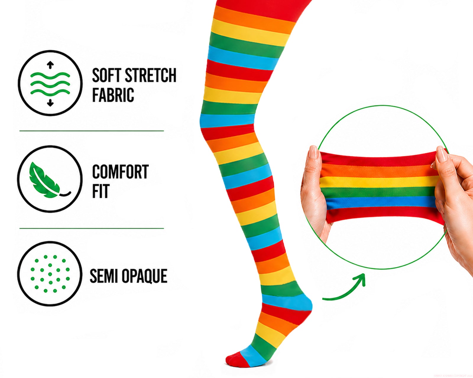Rainbow striped tights with soft stretch fabric, comfort fit, and semi-opaque denier