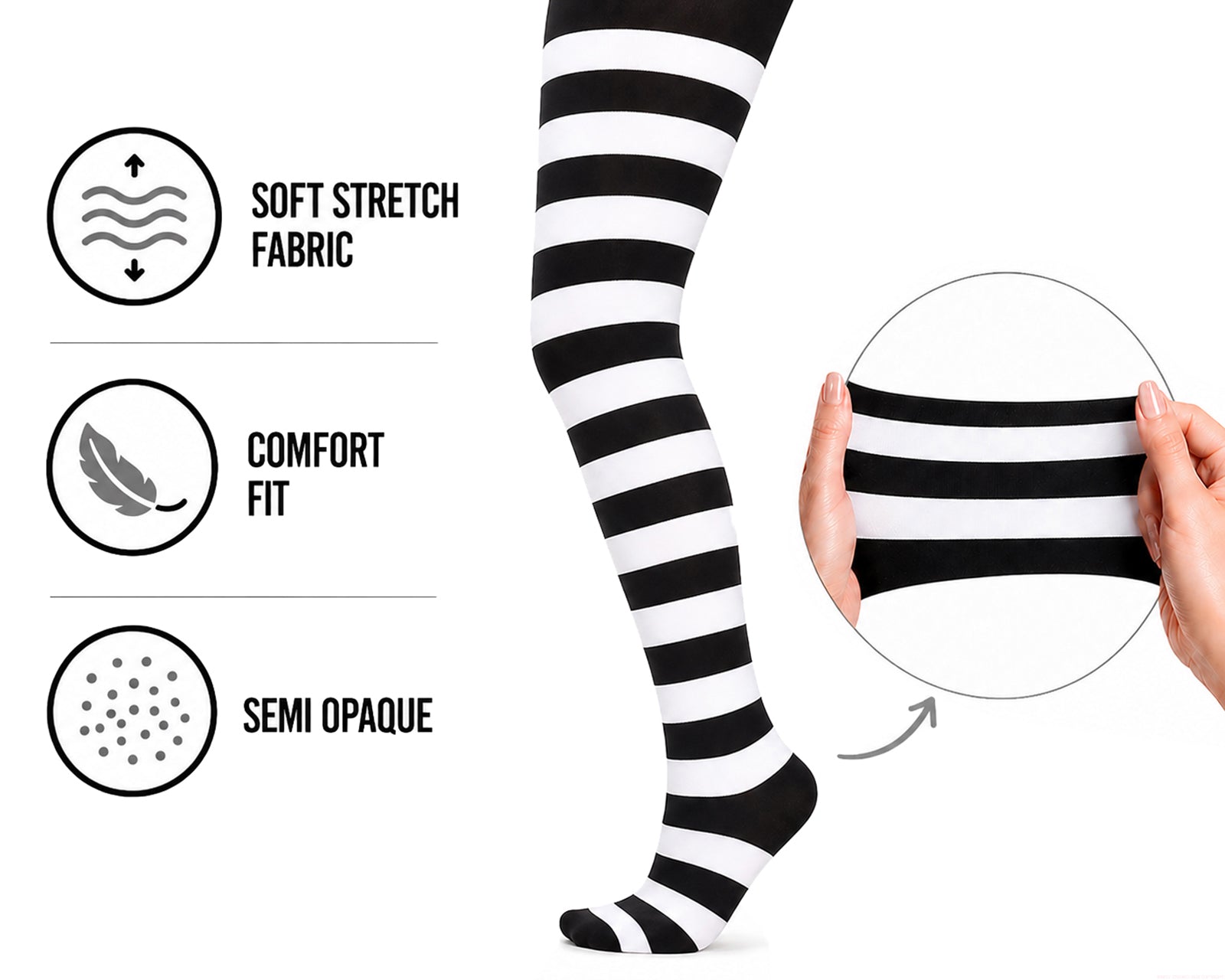 Black and white striped tights with added stretch