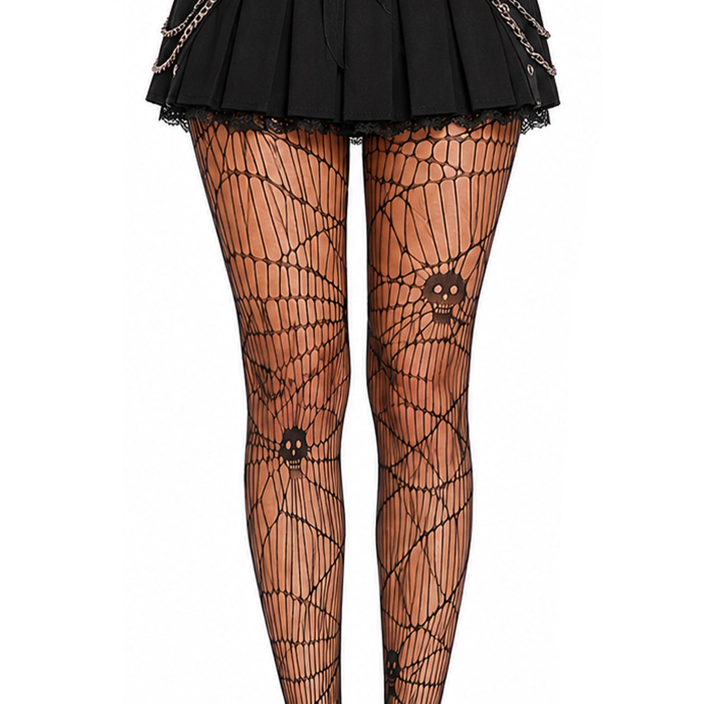 Black spiderweb-patterned fishnet tights with skull motifs on the legs