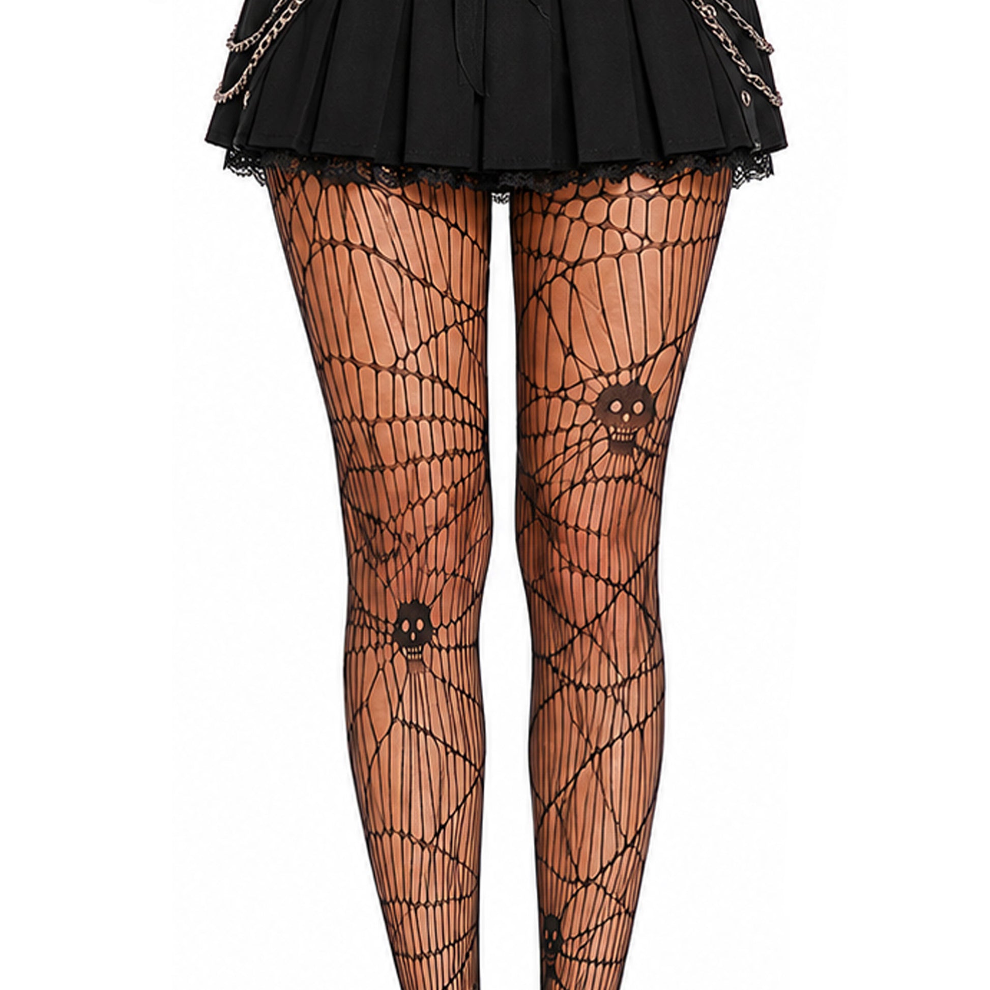 Black spiderweb-patterned fishnet tights with skull motifs on the legs