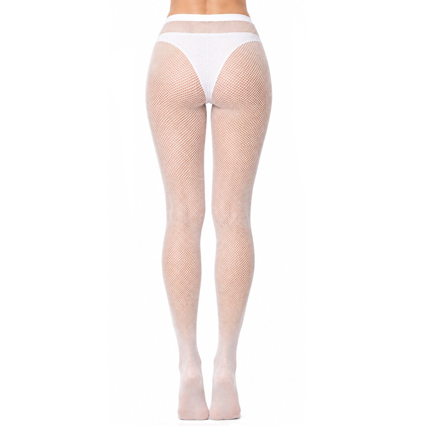 White fishnet tights with ribbon bows and front cut out seam detail