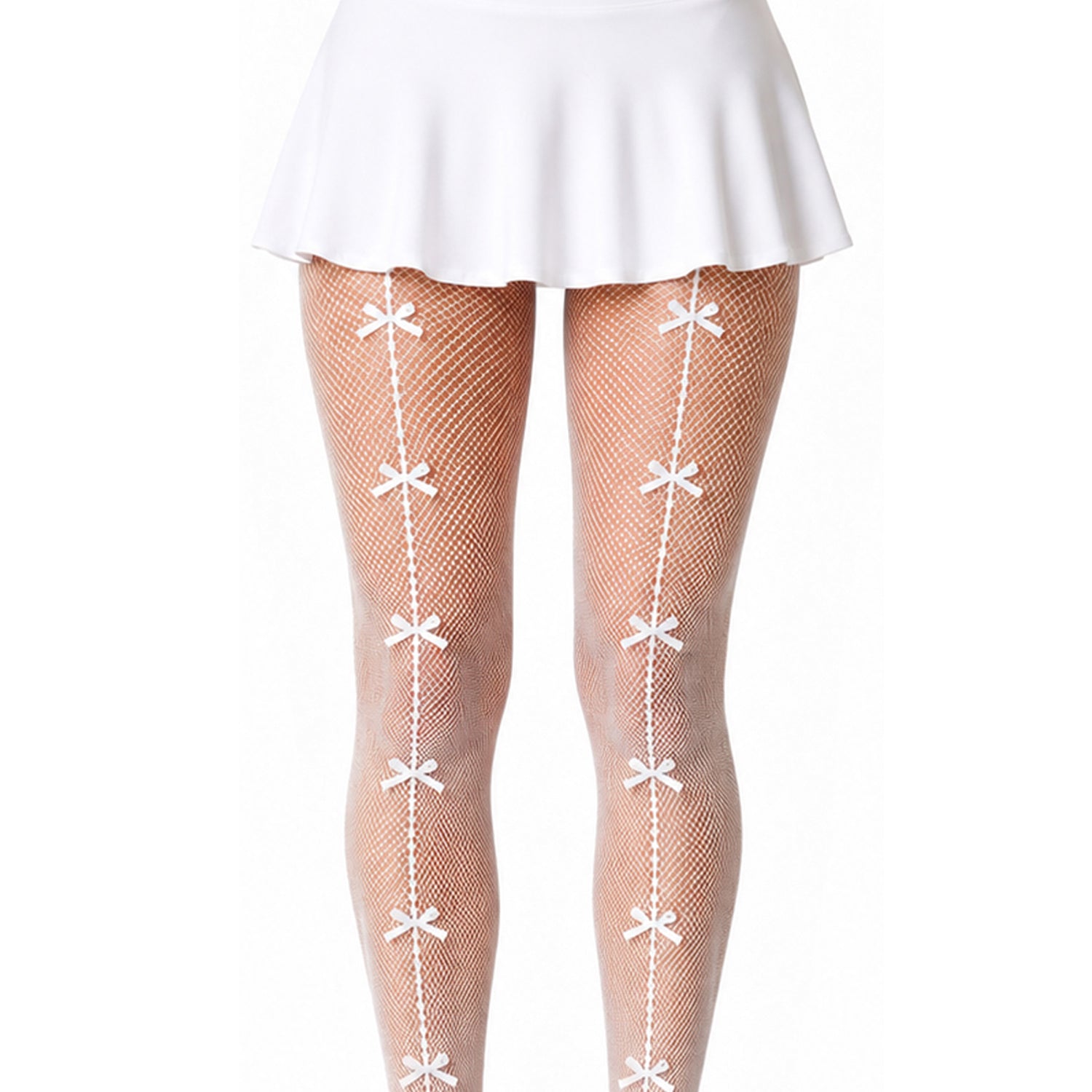 Fishnet tights with white bow pattern worn under a white skirt
