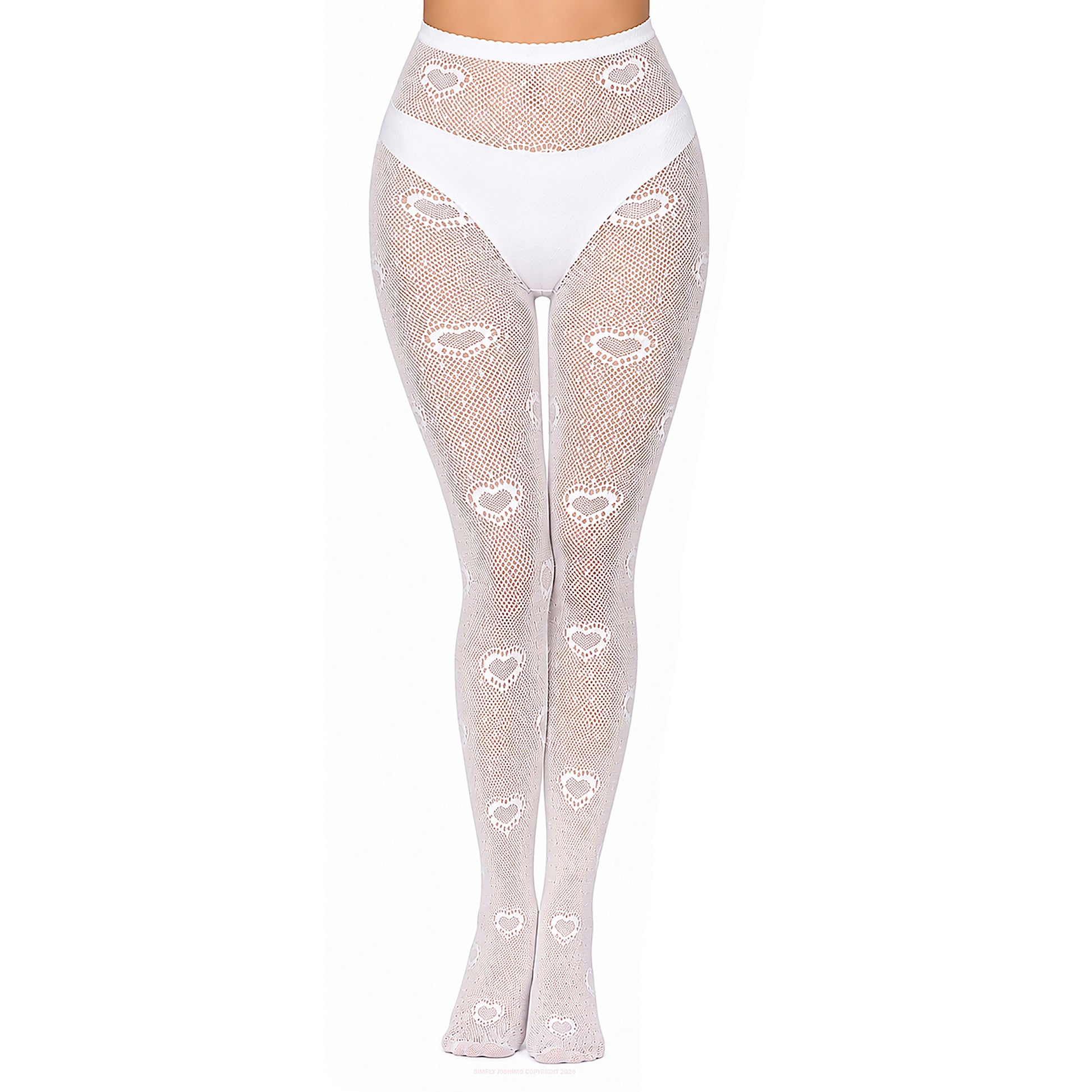 Front view of white patterned fishnet tights with heart design