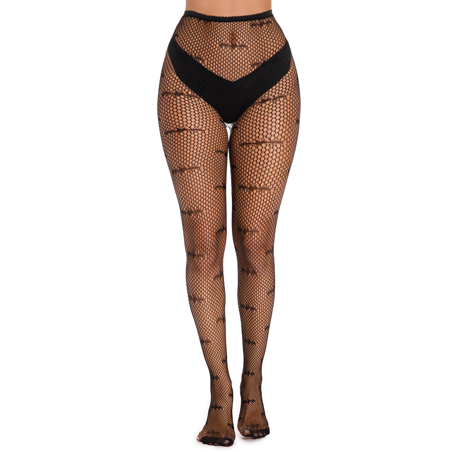 Stretch black lace fishnet tights with gothic bat motif.