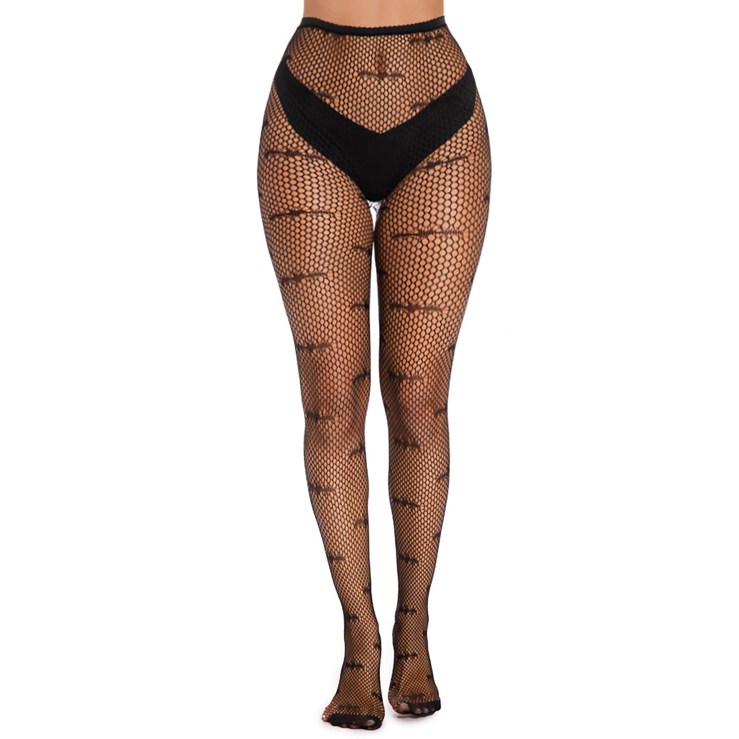 Stretch black lace fishnet tights with gothic bat motif.
