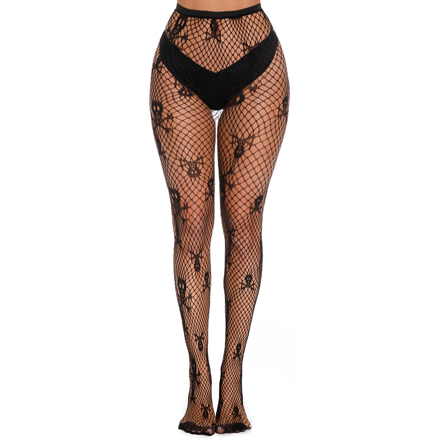 Alternative fashion black mesh tights with skull motif