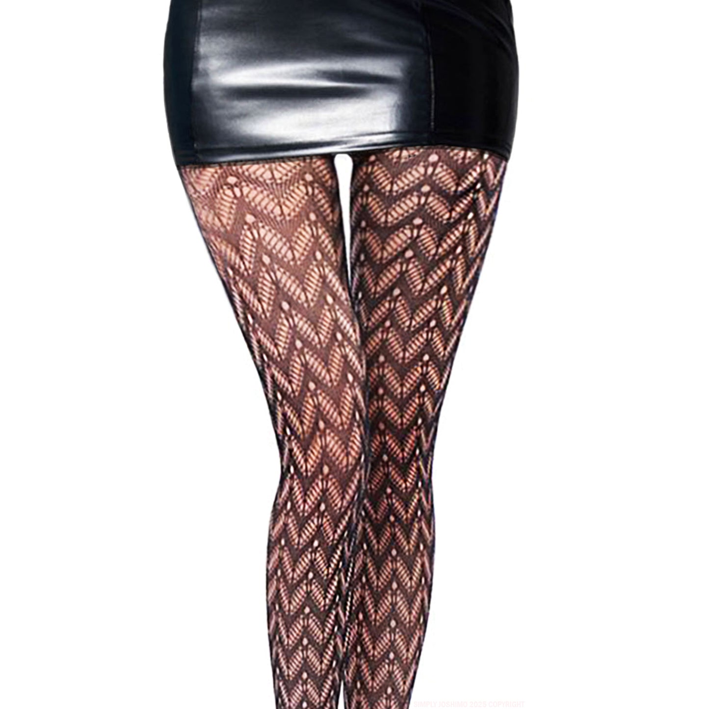 patterned fishnet tights black skirt high heels
