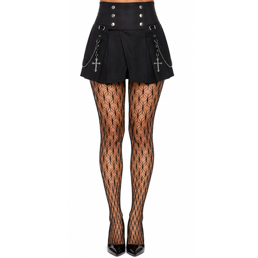 Gothic Web Pattern Fishnet Tights in Black Worn with a Mini Skirt