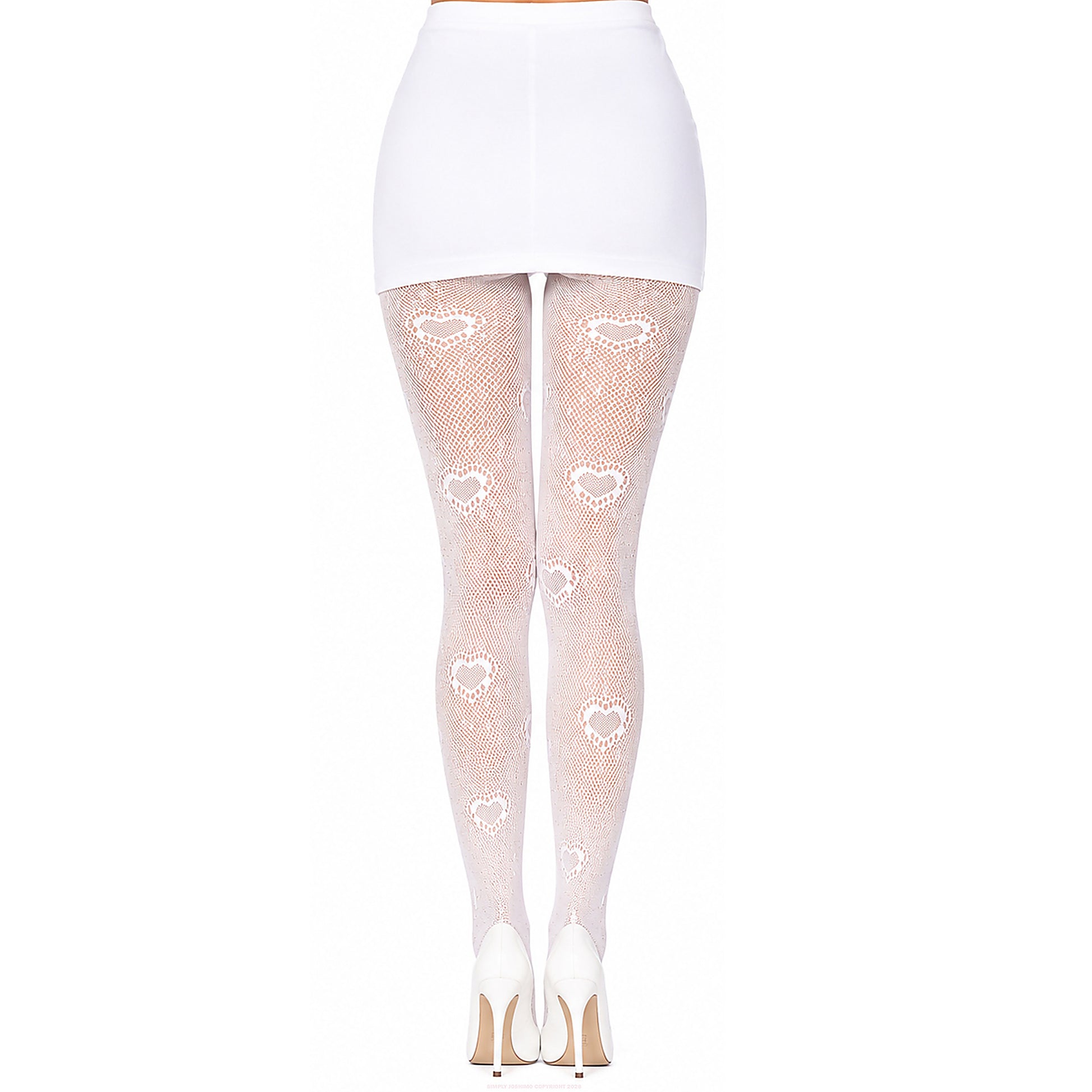Women's white fishnet tights featuring an all-over love heart pattern