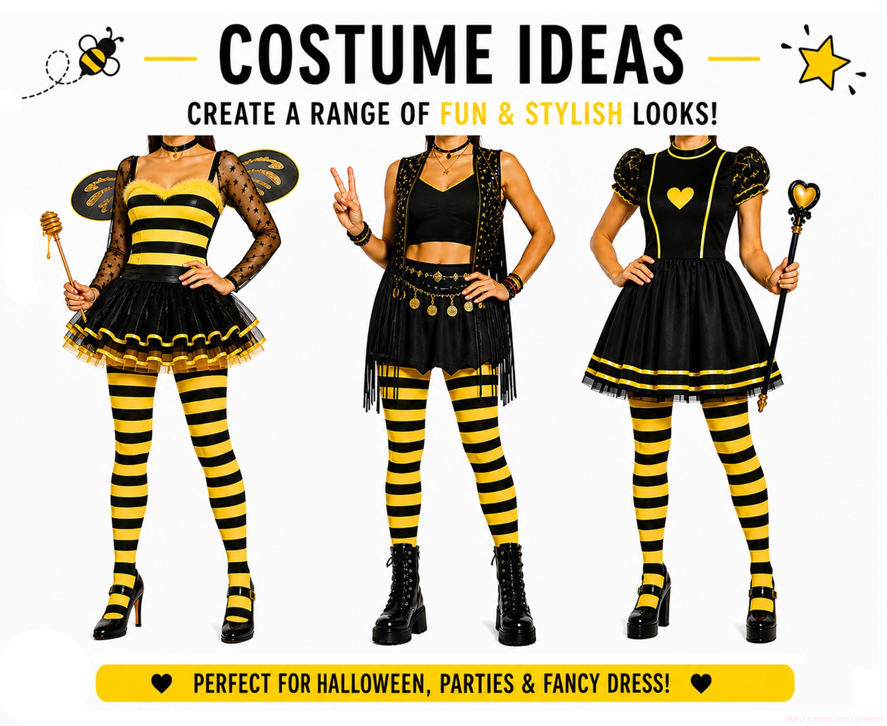 Yellow and black striped tights costume ideas; bumble bee and festival
