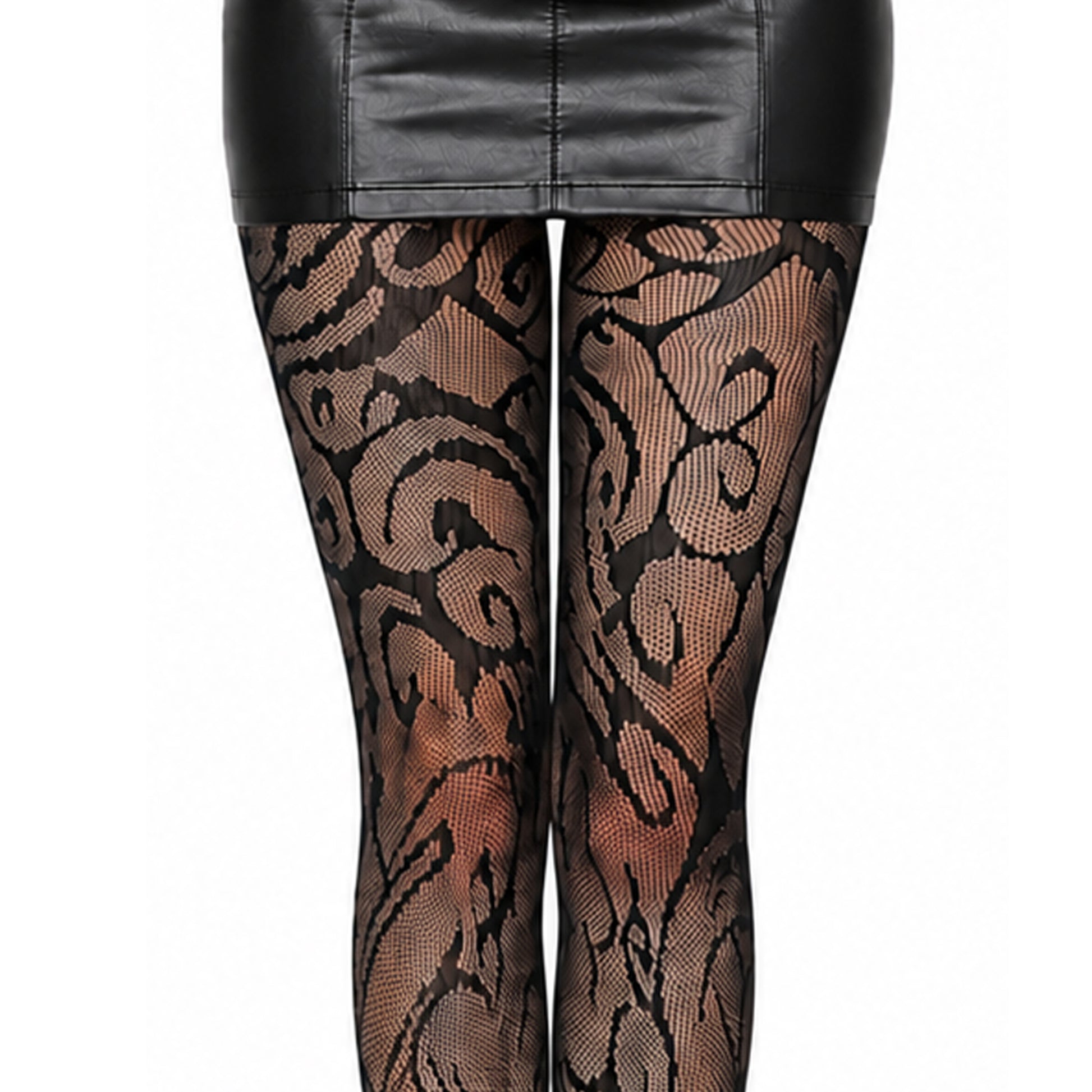 Patterned fishnet tights worn with a black leather skirt on a white background