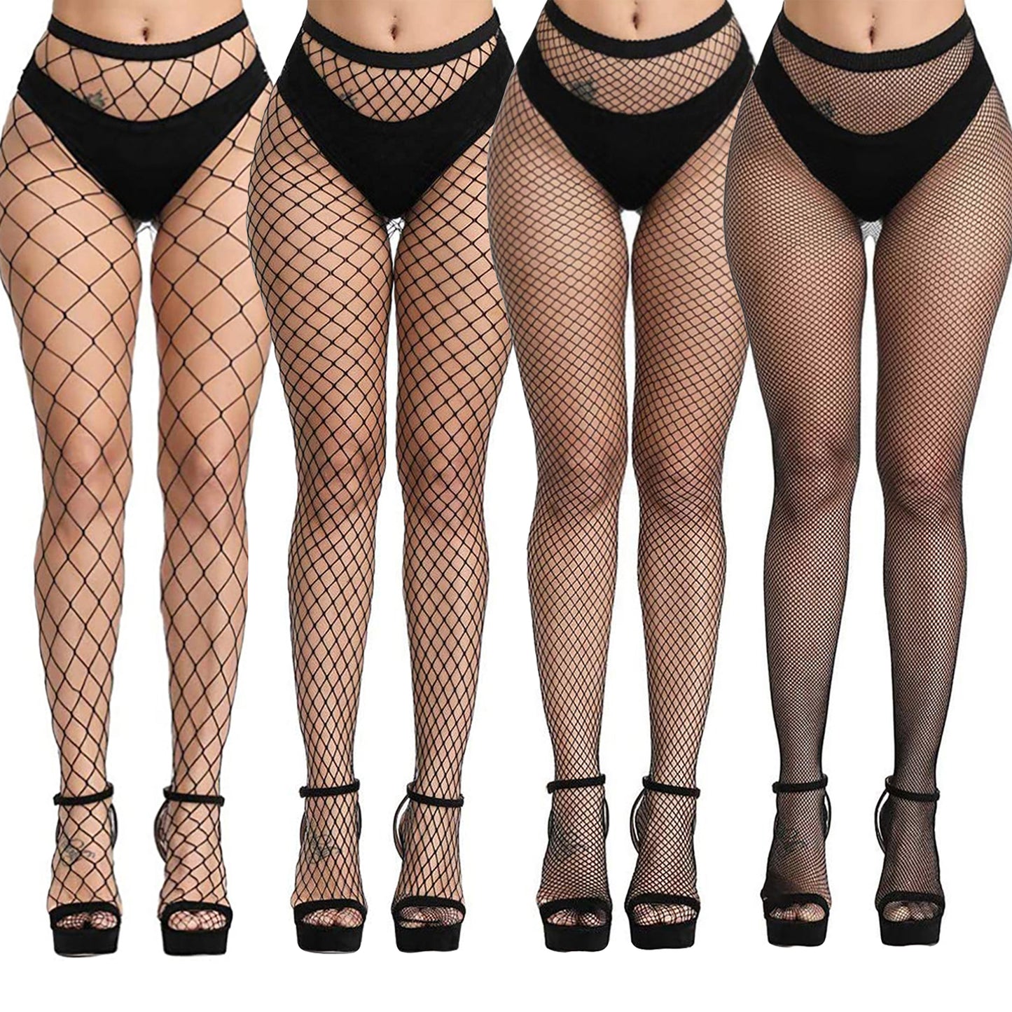 Four models showing four different fishnet sizes of tights ranging from a whale net through to a micro net