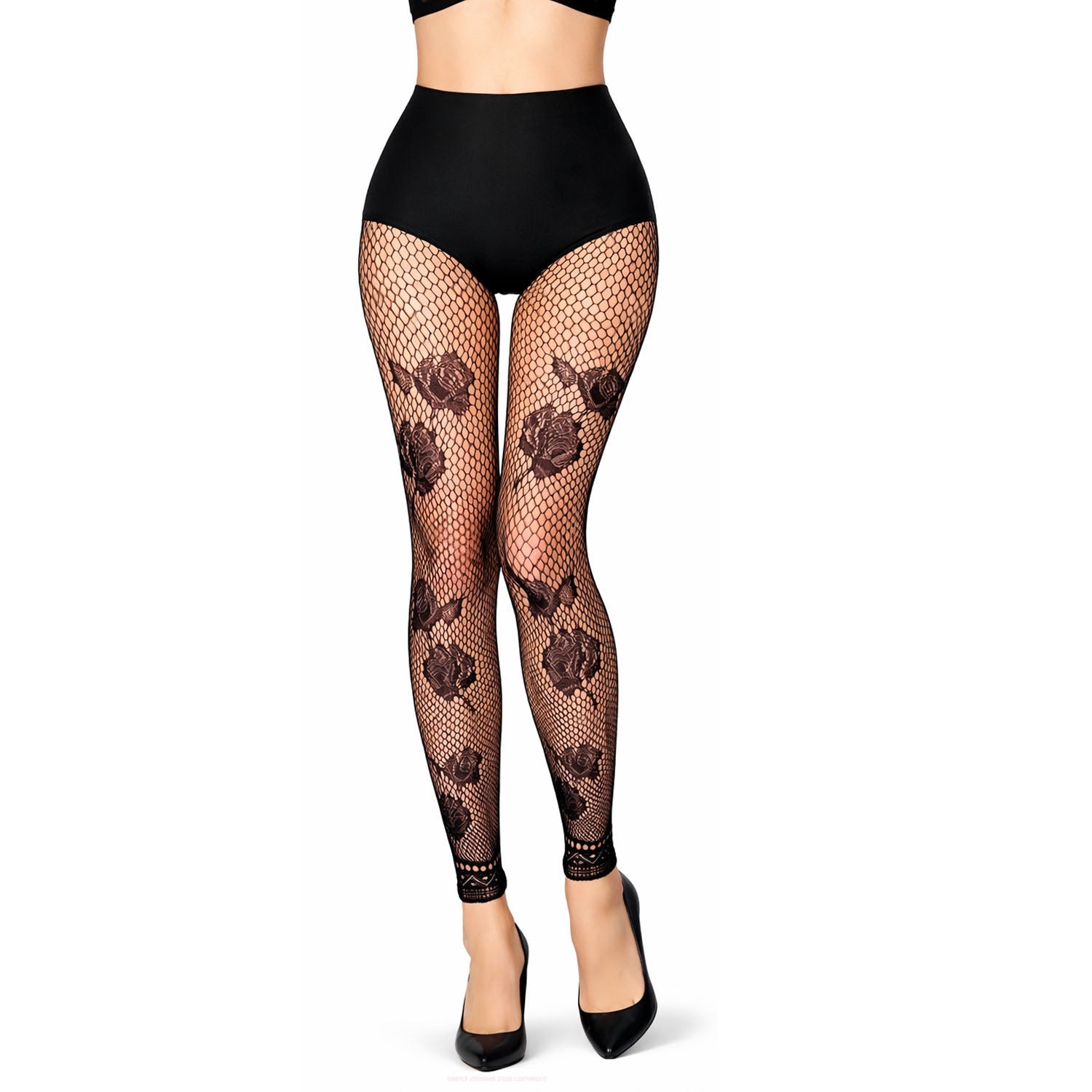 Black rose floral lace footless tights with fishnet pattern