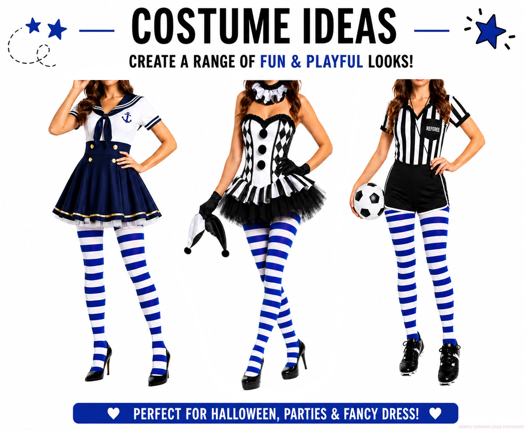 Three people in different fancy dress costumes - sailor, referee, circus 