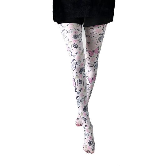 Womens white patterned butterfly tights - Simply Joshimo