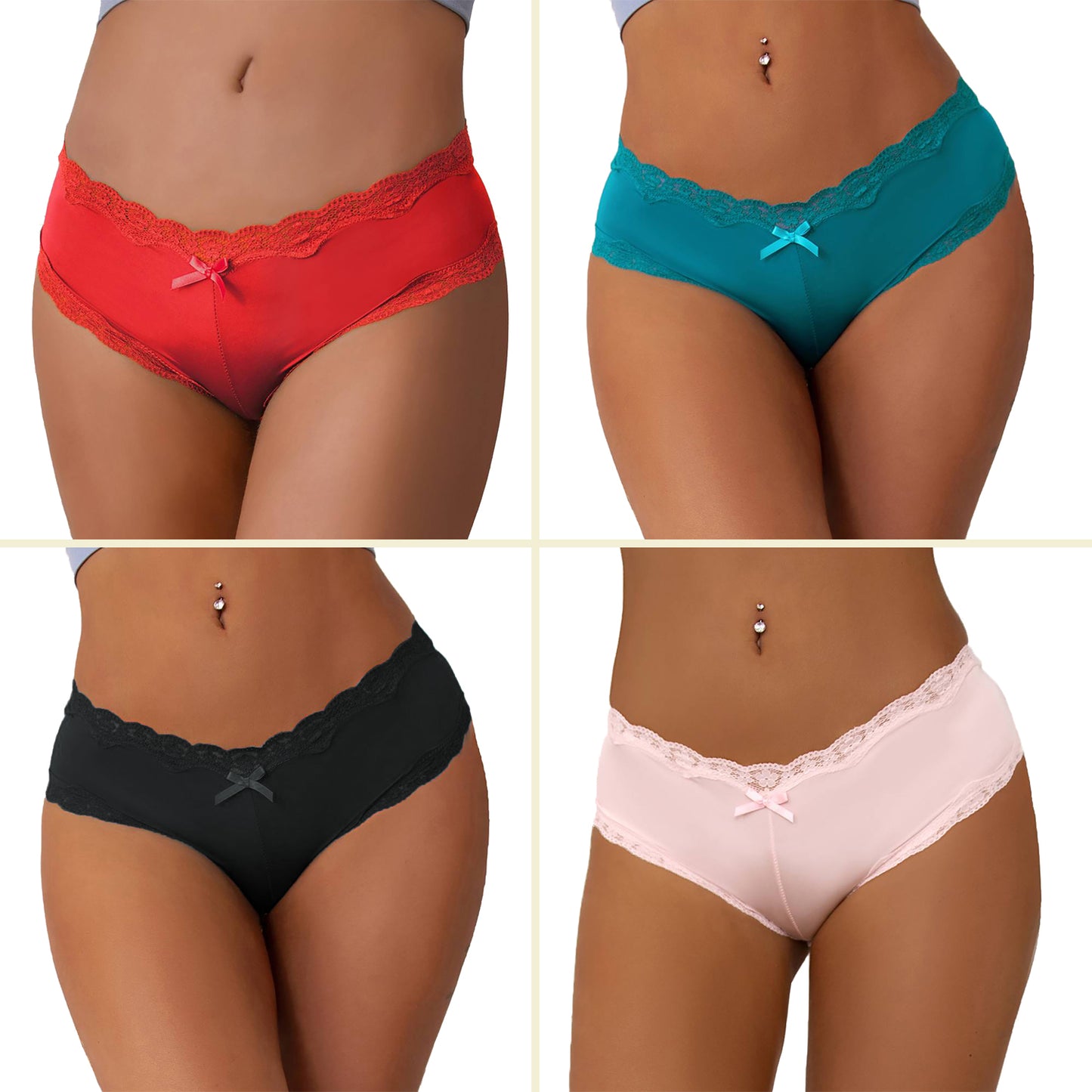 red black pink and green knickers with lace edging and bow