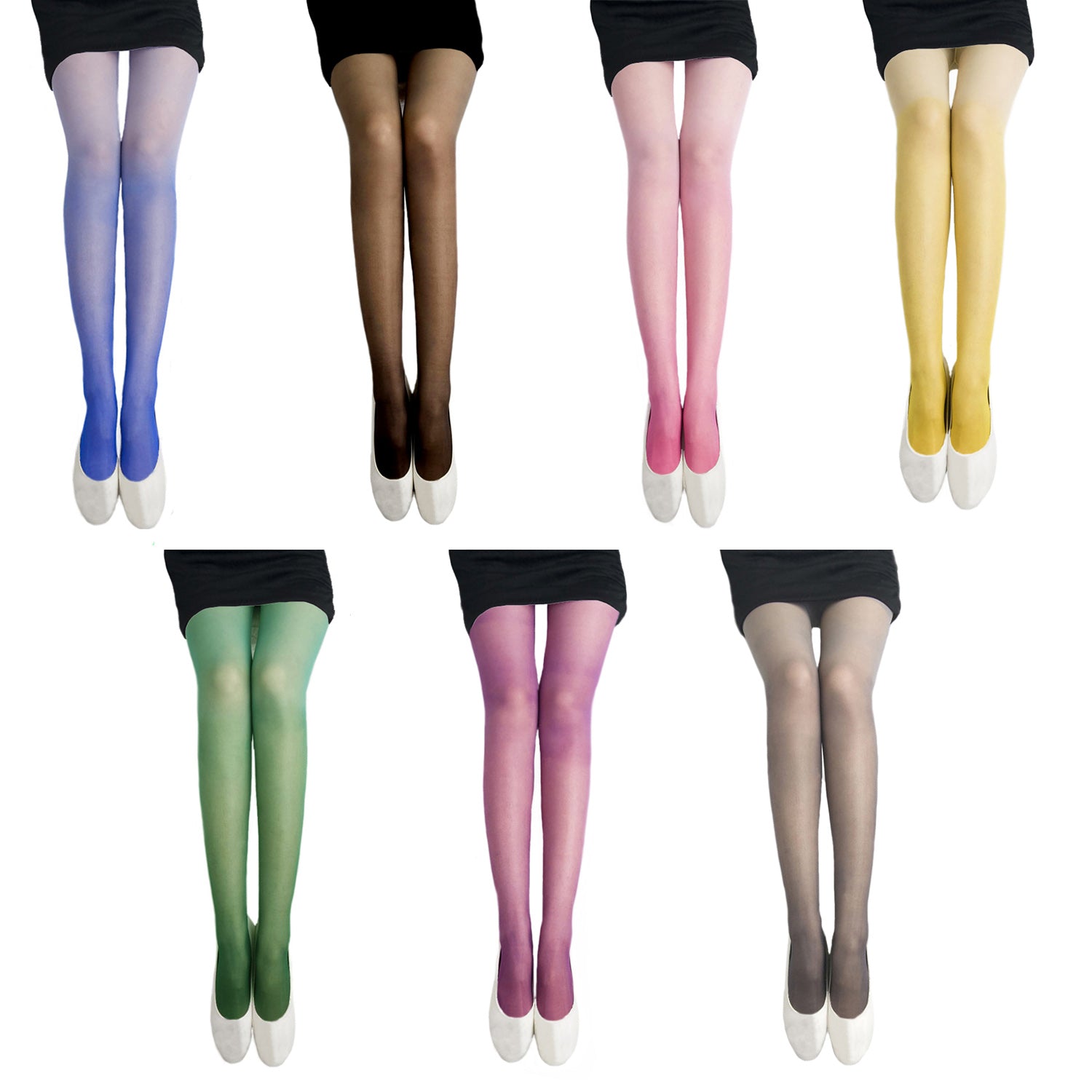 Black, brown, grey, blue, pink, yellow and green sheer tights