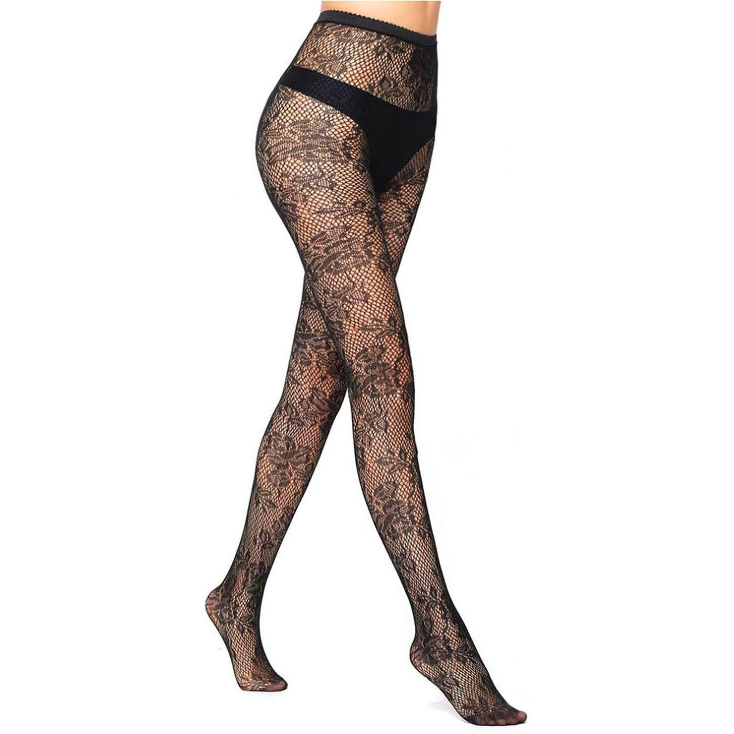 New black floral patterned fishnet tights for women