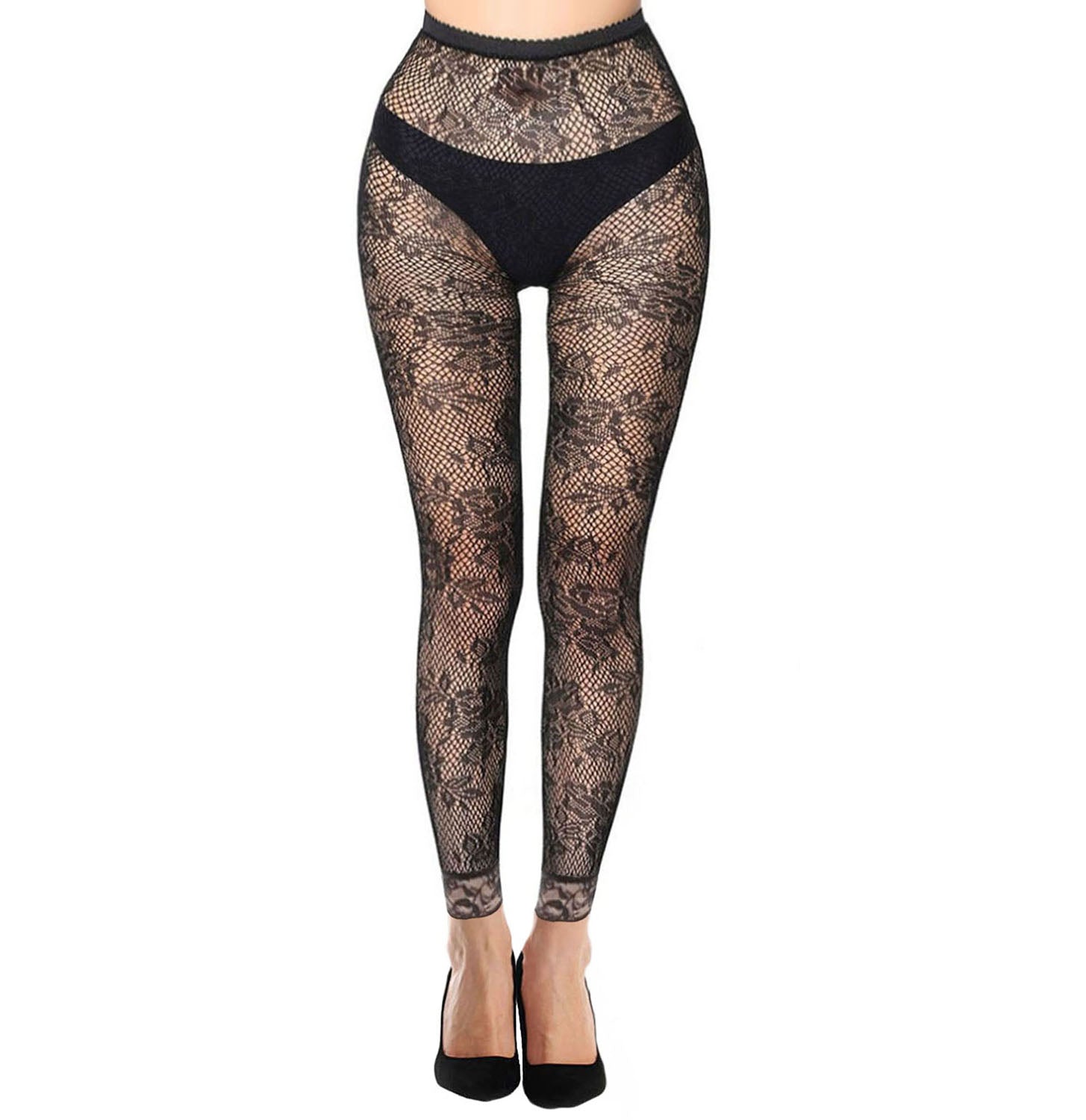 Womens Black Rose Pattern Footless Tights - Simply Joshimo