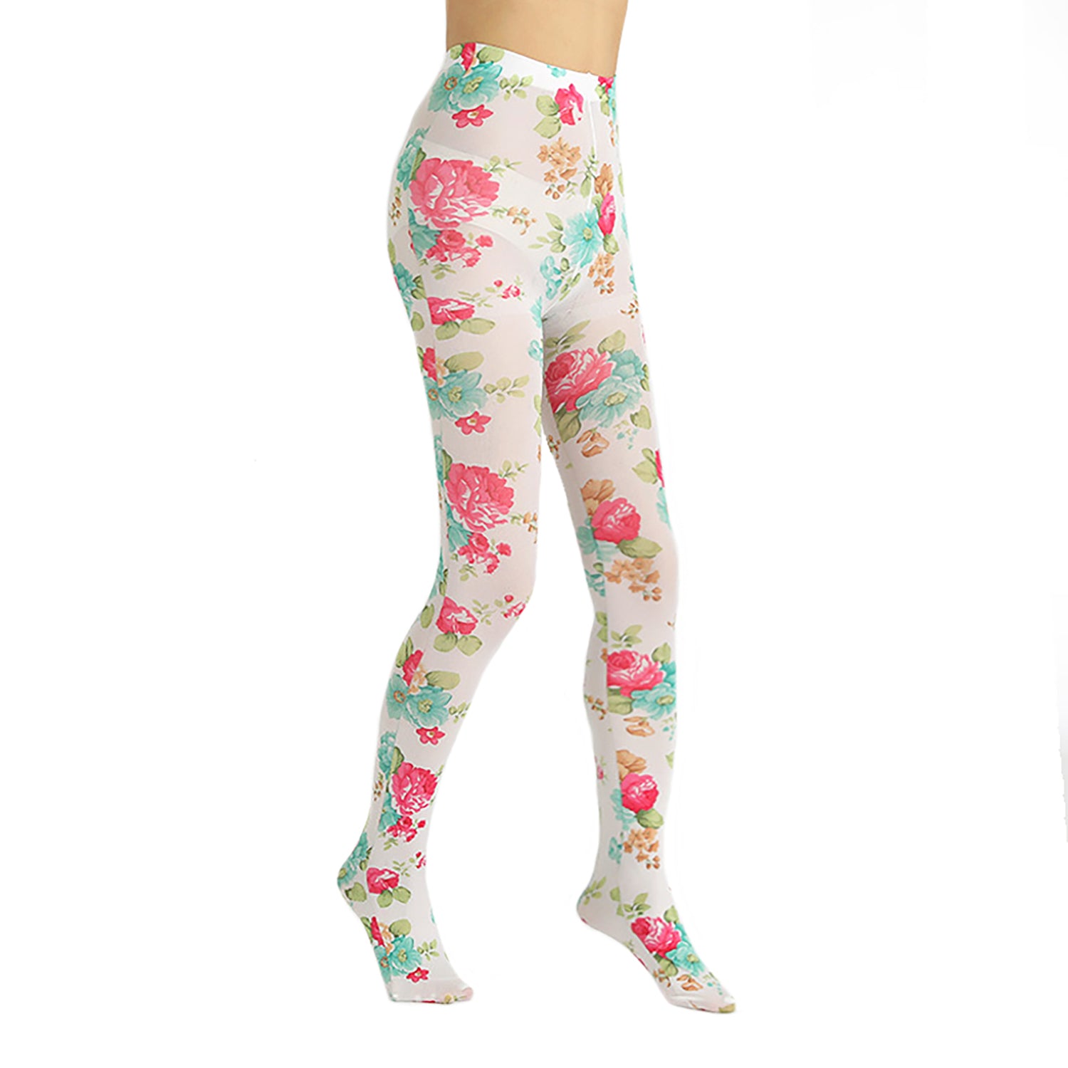 Flower pattern 70 denier tights in white pink and blue