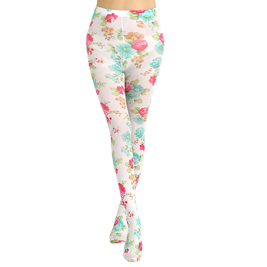 Womens white pink and blue patterned floral tights - Simply Joshimo