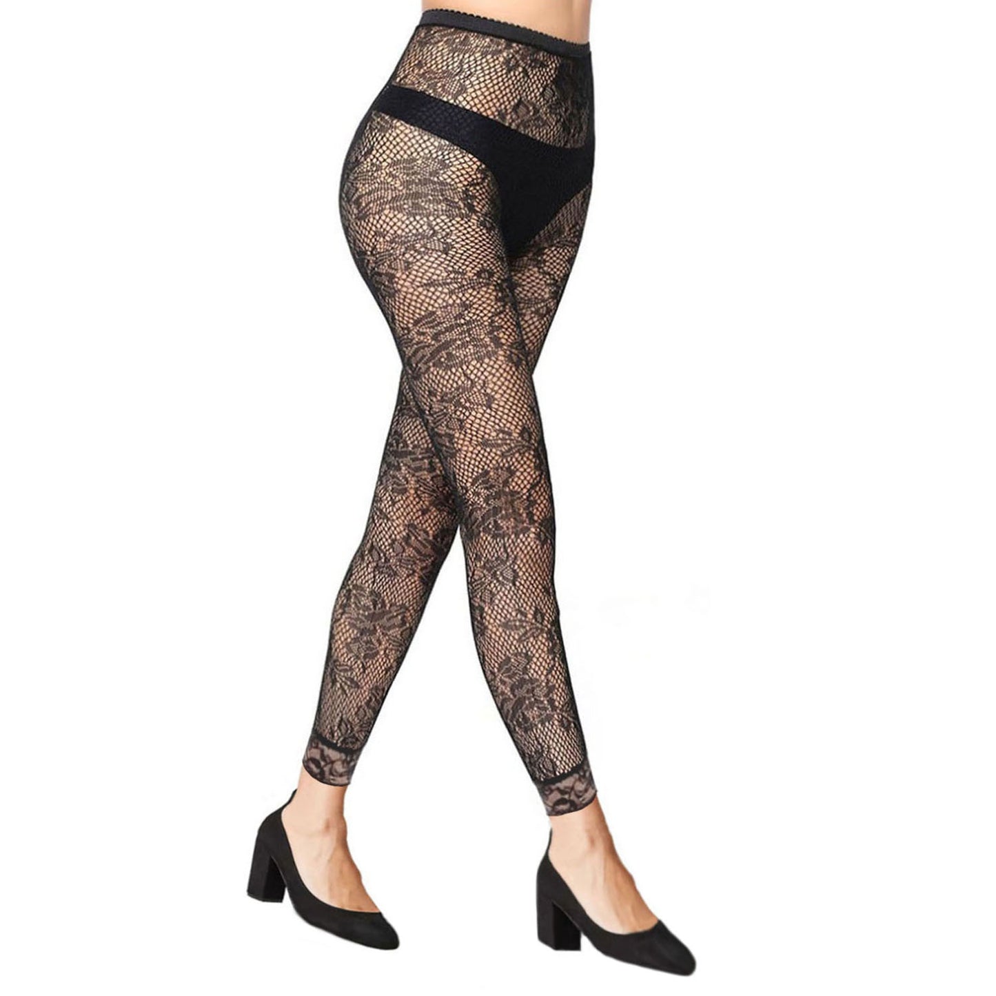 Black Fishnet & Lace Footless Tights With Floral Print - Simply Joshimo