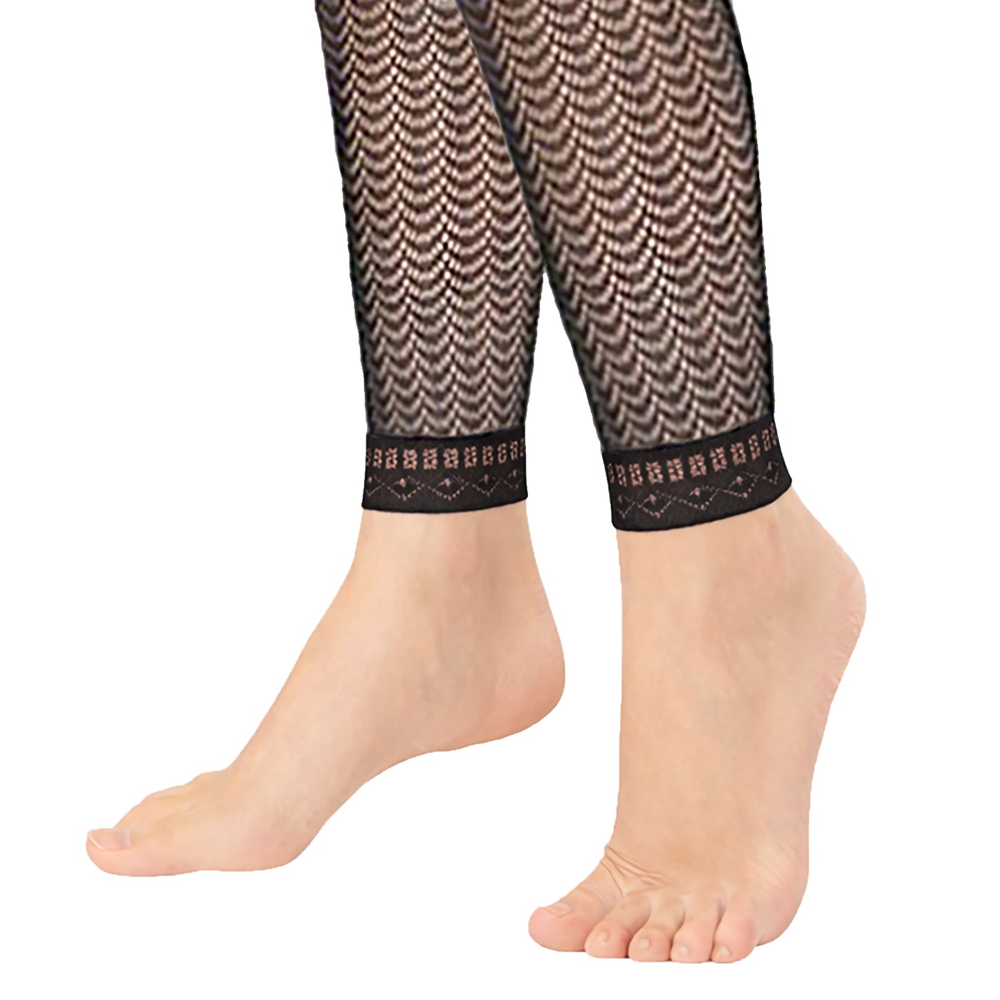 Patterned geometric leggings worn with bare feet