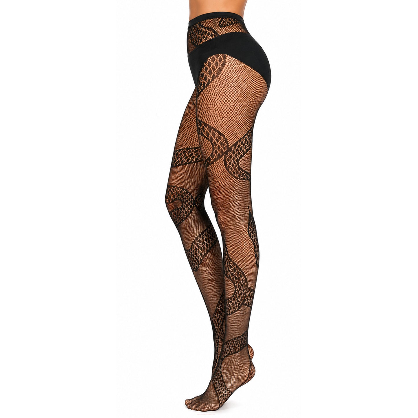lady wearing black tights with a snake print all over