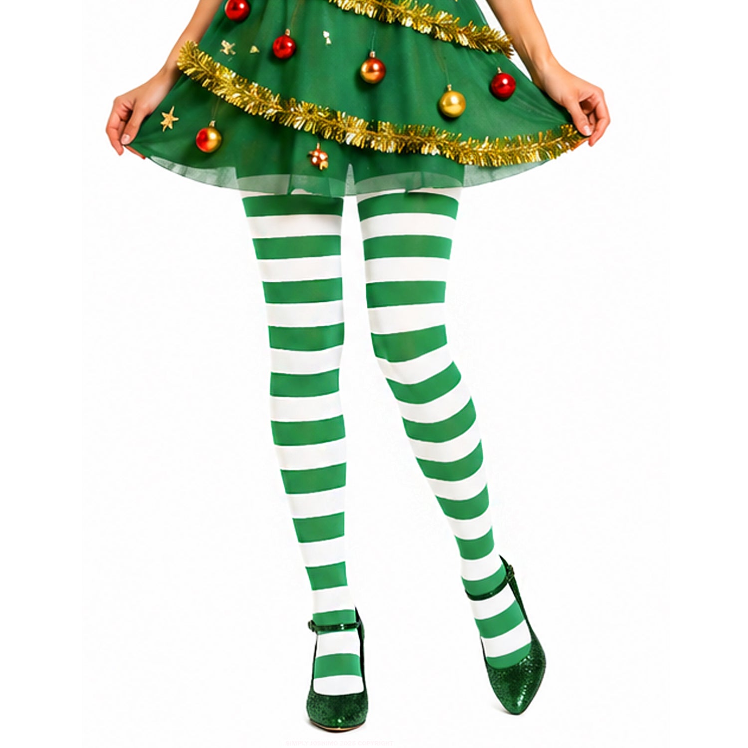 Green and white striped tights for Christmas fancy dress