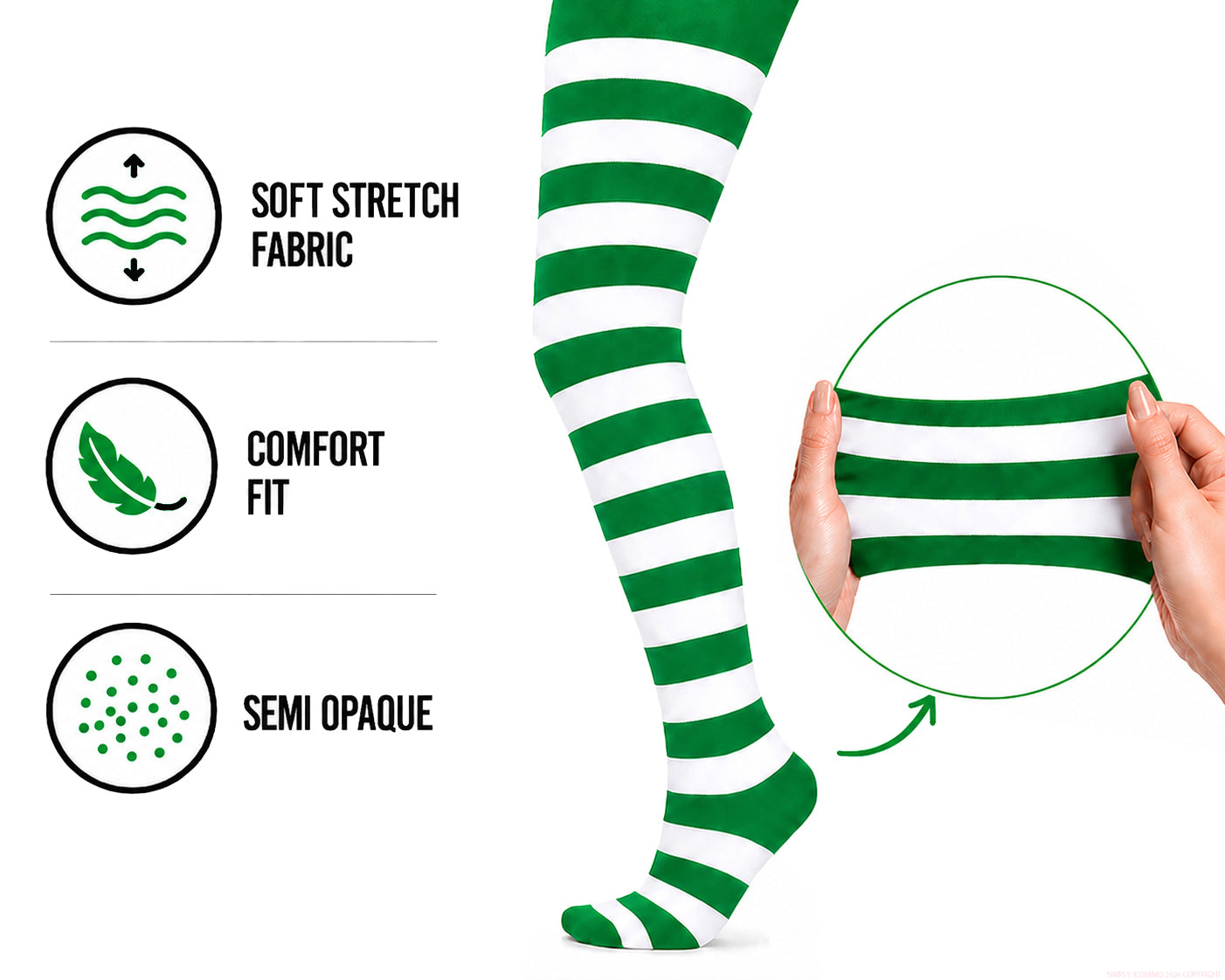 Green and white striped tights with added stretch