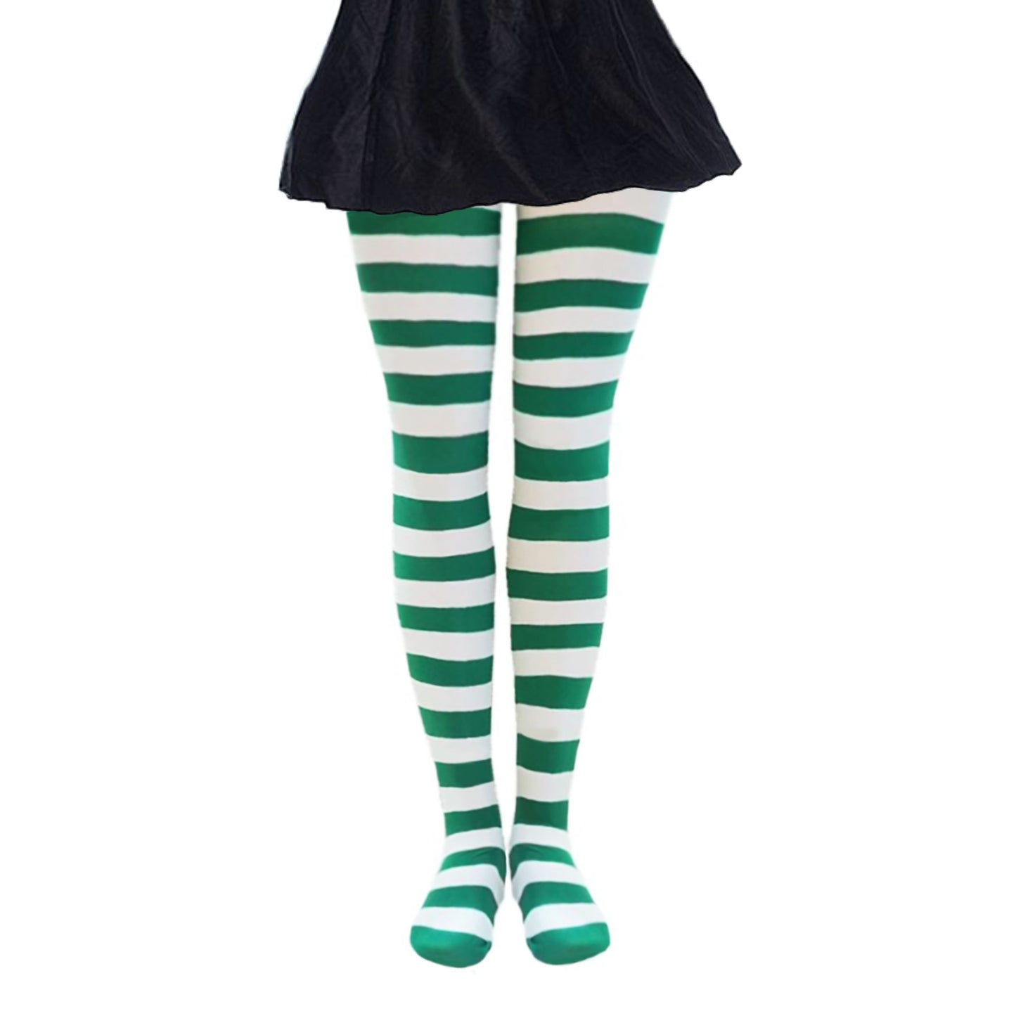 Thick, Green and White striped St Patricks Day fancy dress tights with horizontal stripes