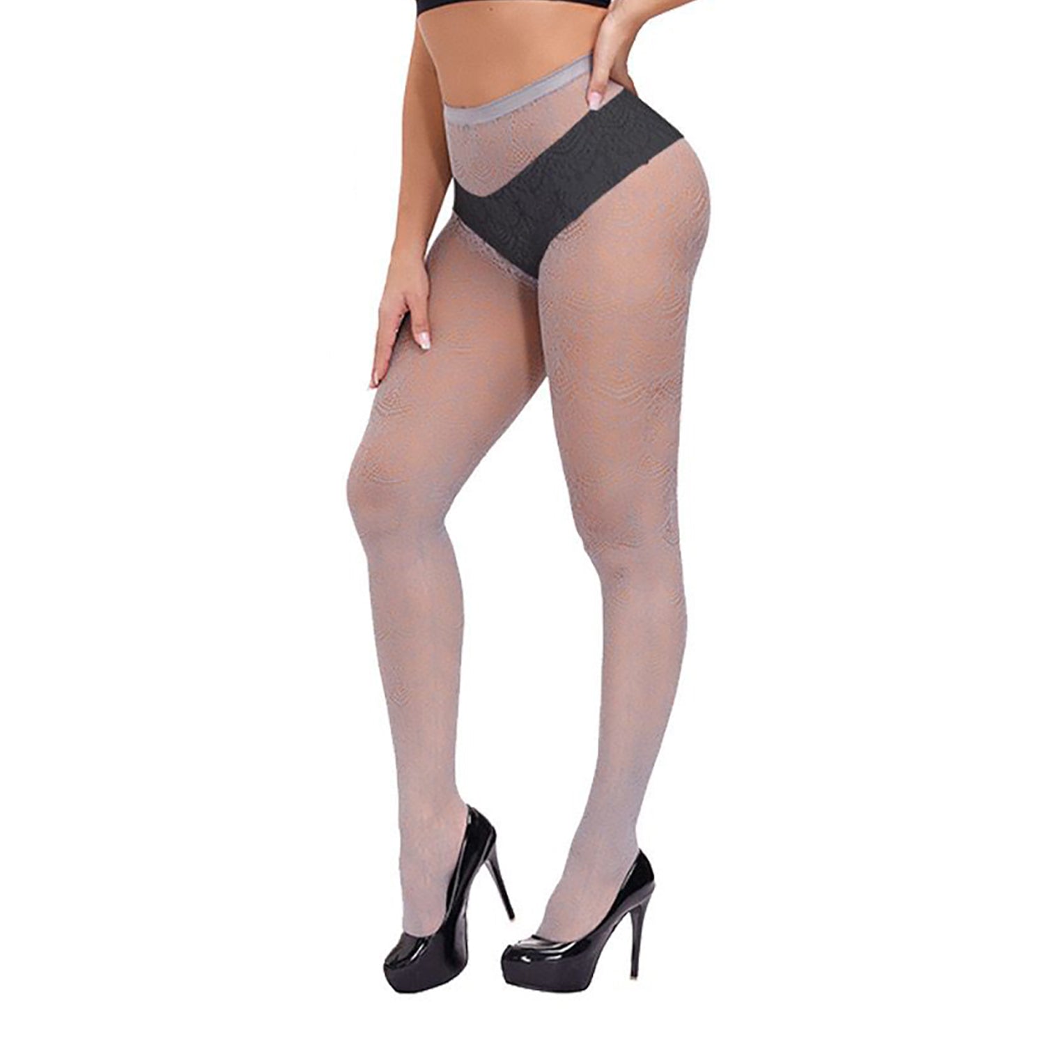 ladies heavily lace pattern tribal hosiery in grey